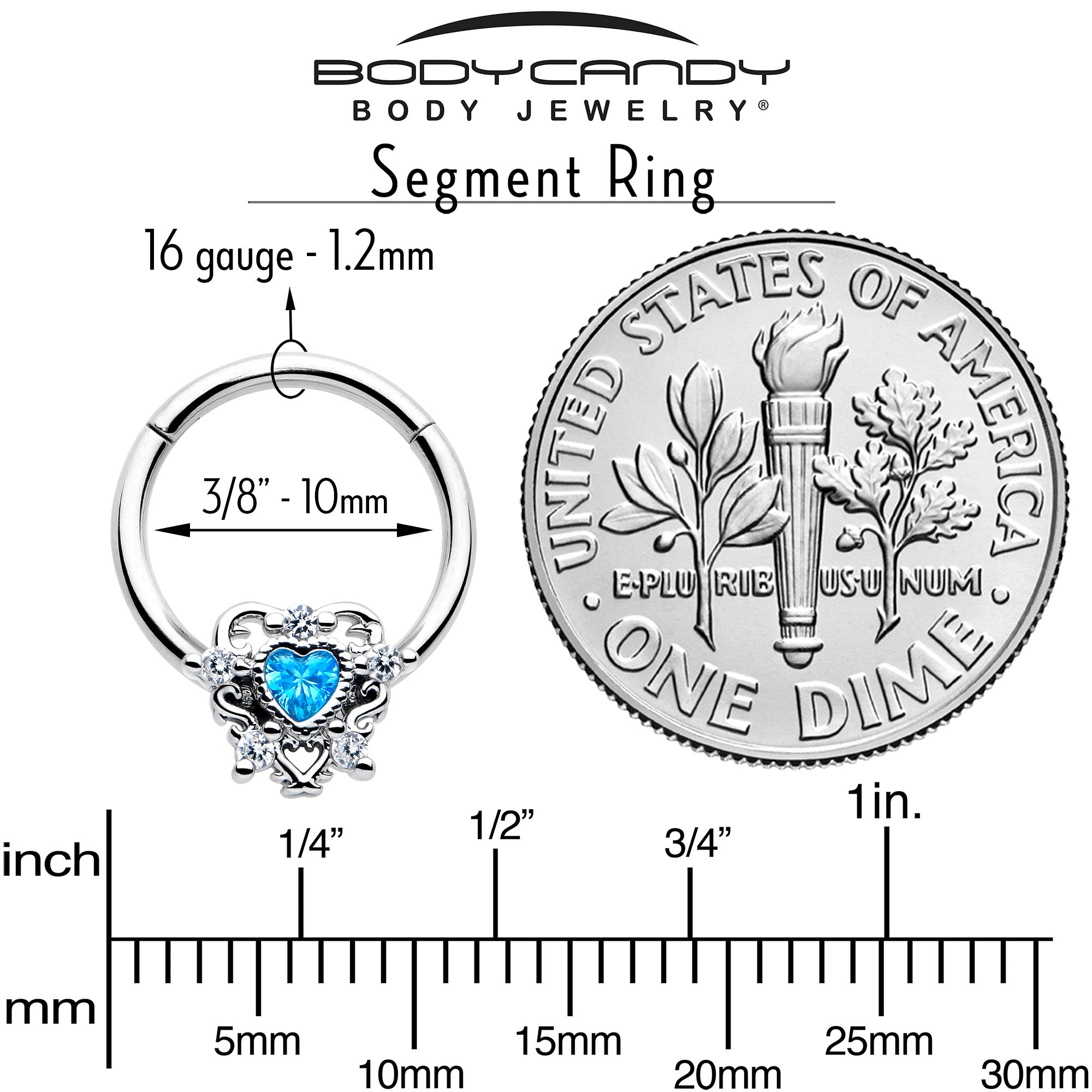BodyCandy 16G 3/8 Blue Clear CZ Gem Heart Pair Hinged Segment Ring — side view