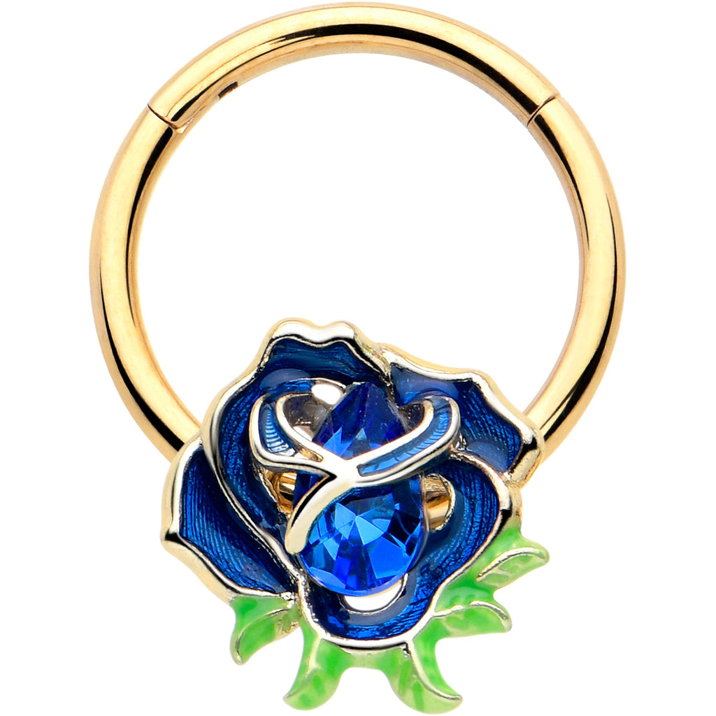 BodyCandy 16G 3/8 Blue Gem Gold Tone Deep Blue Flower Hinged Segment Ring — main product shot