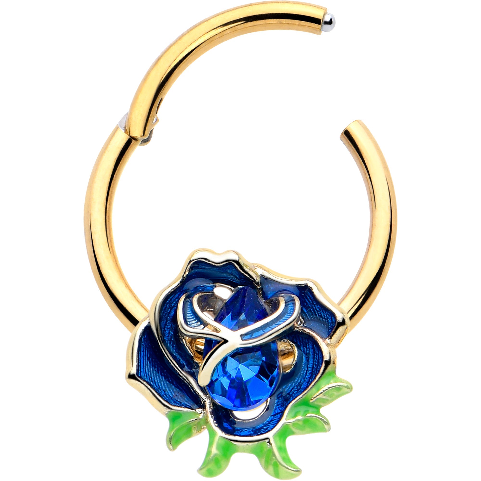 BodyCandy 16G 3/8 Blue Gem Gold Tone Deep Blue Flower Hinged Segment Ring — detail close-up