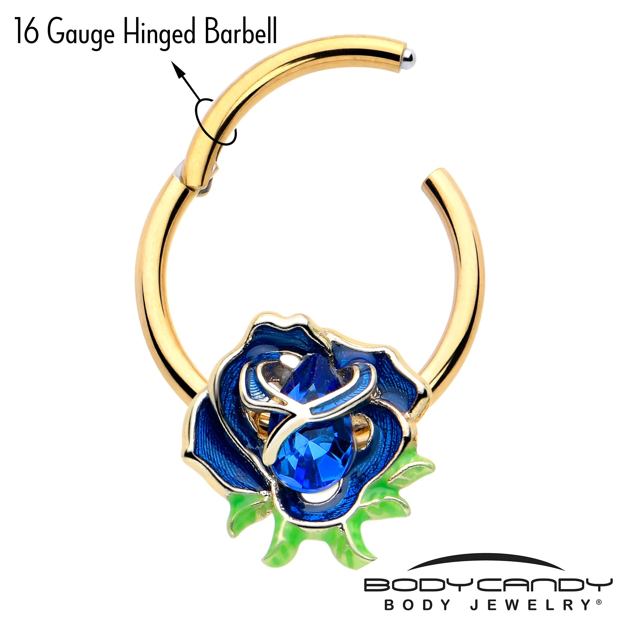 BodyCandy 16G 3/8 Blue Gem Gold Tone Deep Blue Flower Hinged Segment Ring — lifestyle context