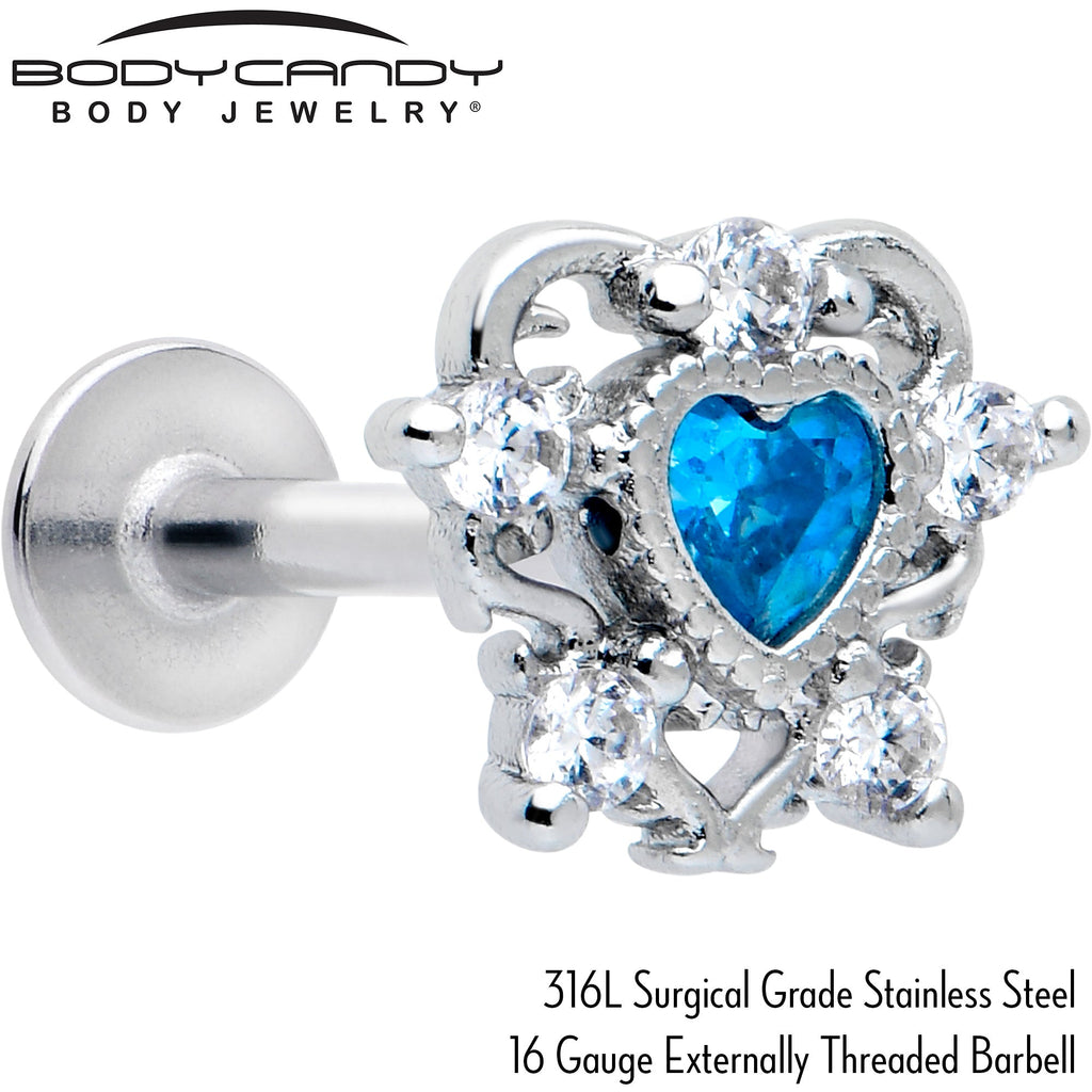 BodyCandy 16G 5/16 Blue Clear CZ Gem Heart Pair Labret Monroe Tragus — detail close-up