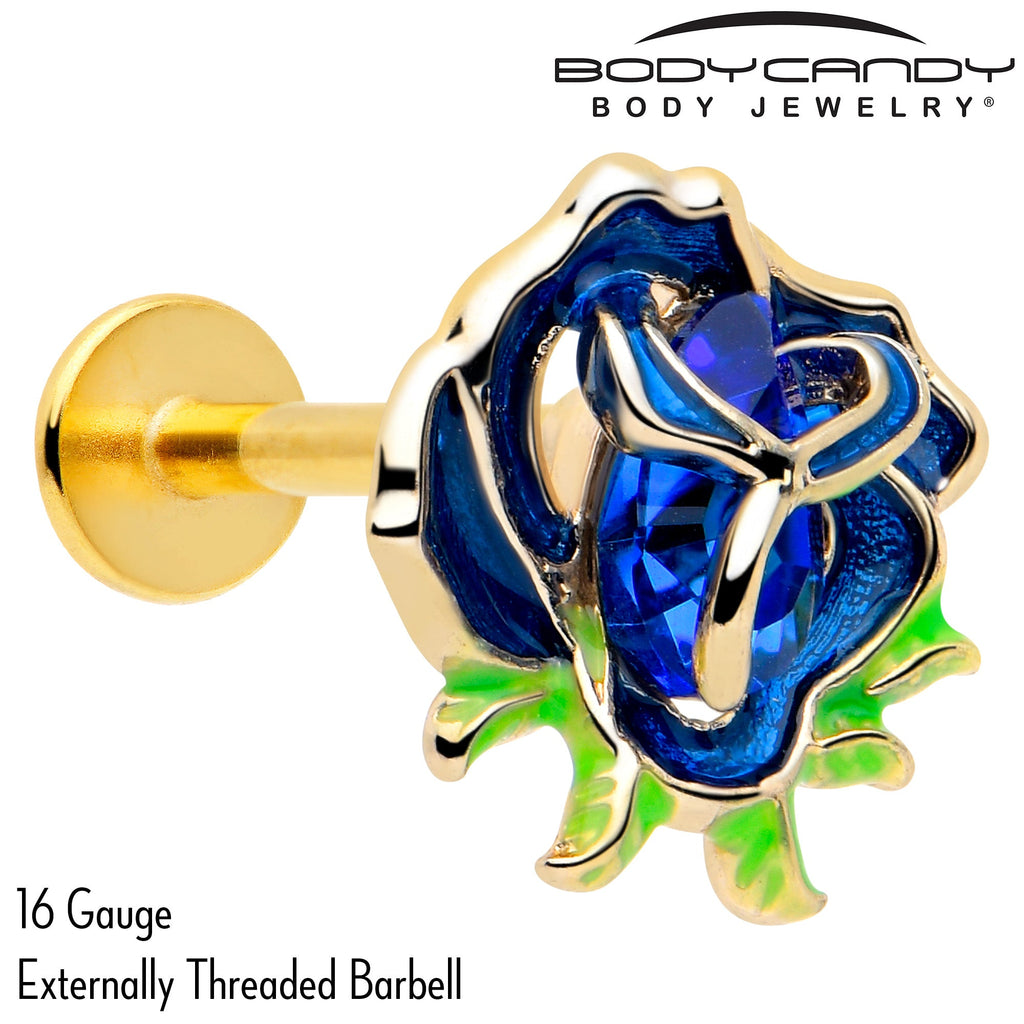 BodyCandy 16G 5/16 Blue Gem Gold Tone Deep Blue Flower Labret Monroe Tragus — detail close-up