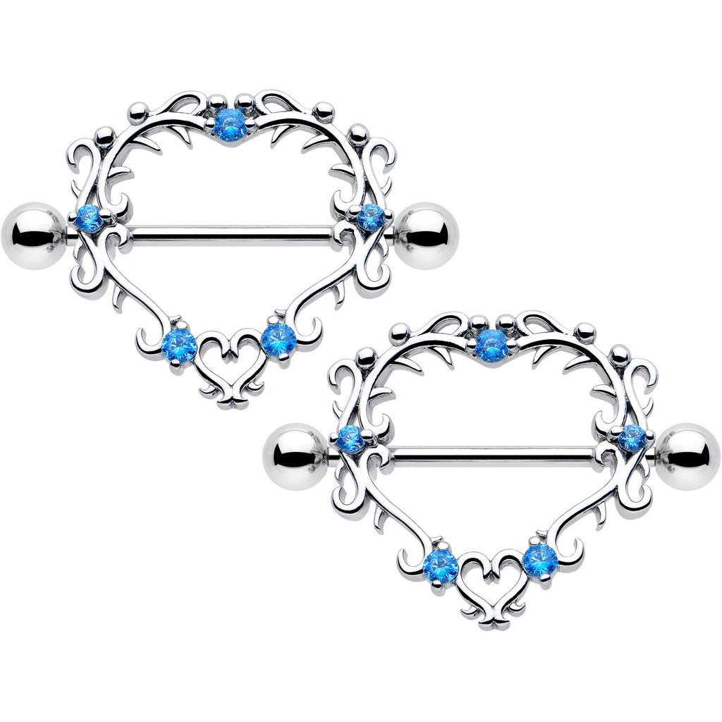 BodyCandy 14G 9/16 Blue CZ Gem Leafy Heart Nipple Shield Set — main product shot