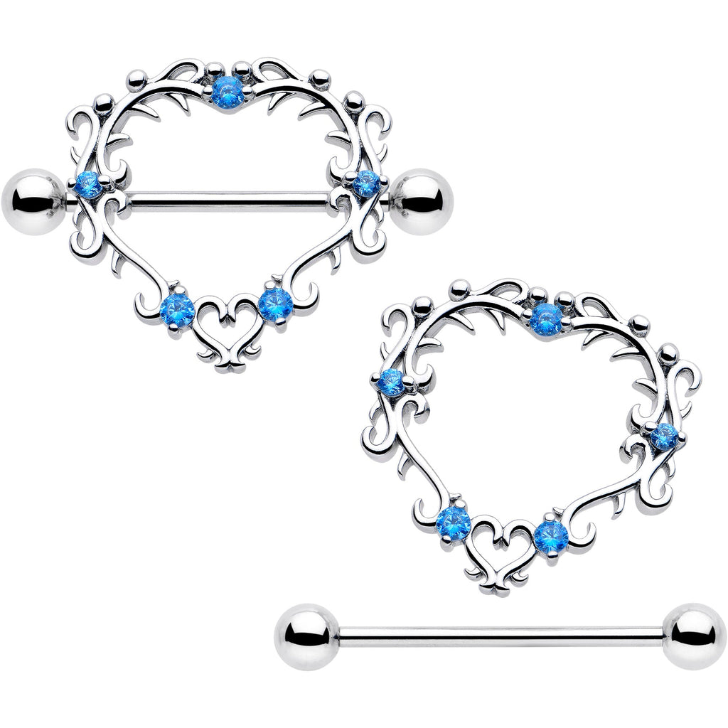 BodyCandy 14G 9/16 Blue CZ Gem Leafy Heart Nipple Shield Set — detail close-up