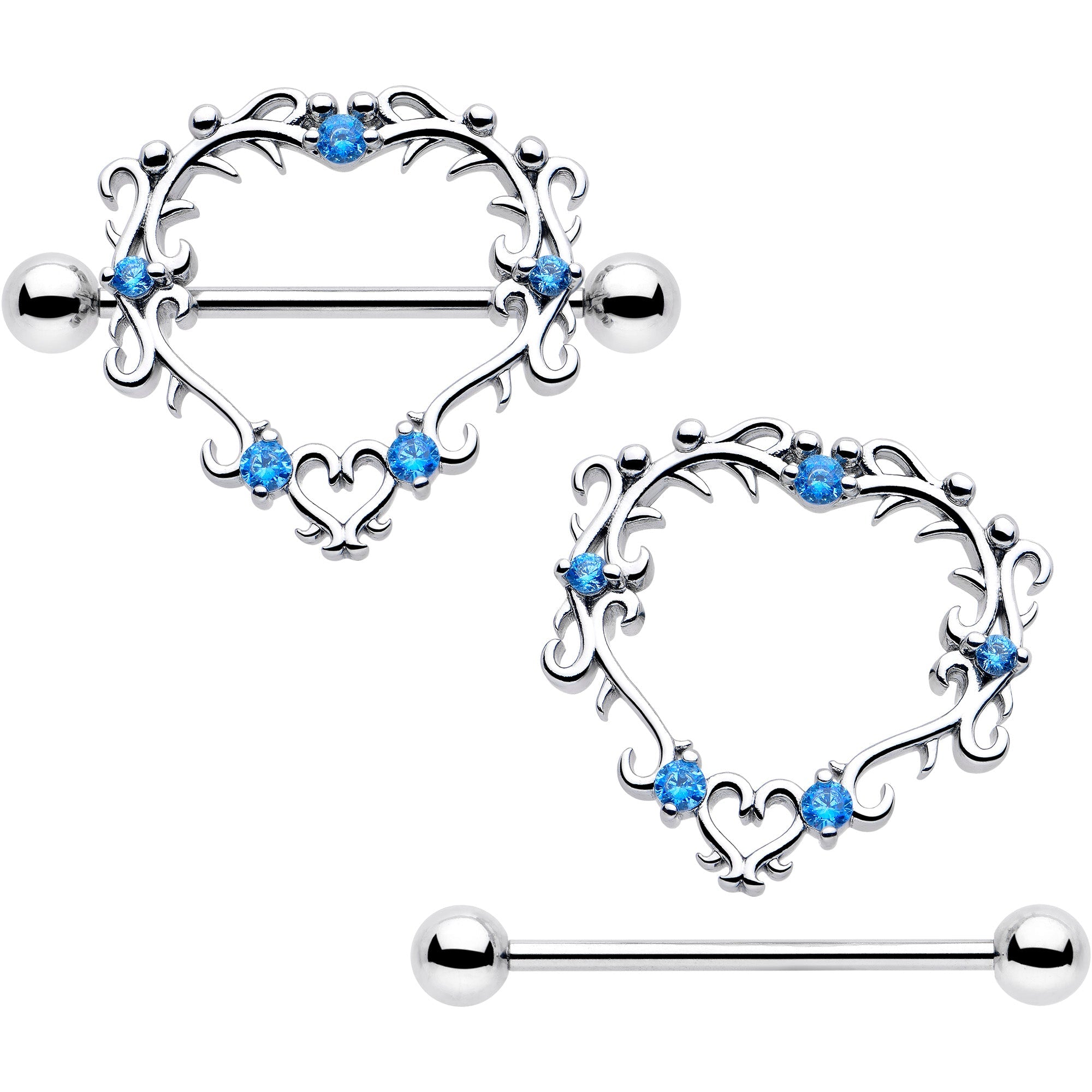 BodyCandy 14G 9/16 Blue CZ Gem Leafy Heart Nipple Shield Set — detail close-up