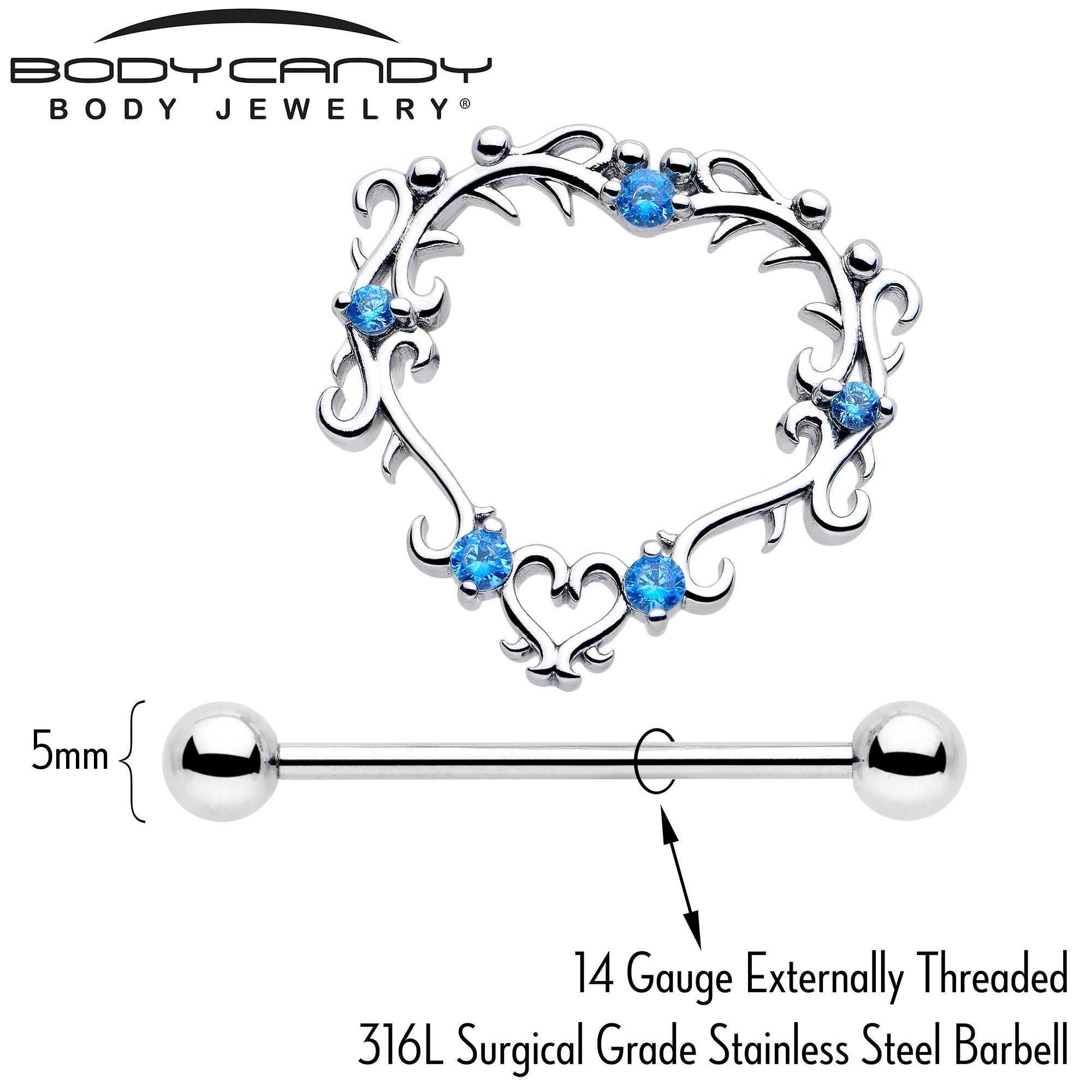 BodyCandy 14G 9/16 Blue CZ Gem Leafy Heart Nipple Shield Set — lifestyle context