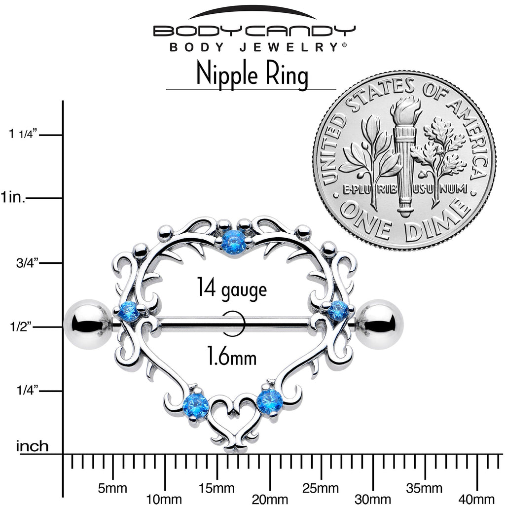 BodyCandy 14G 9/16 Blue CZ Gem Leafy Heart Nipple Shield Set — side view