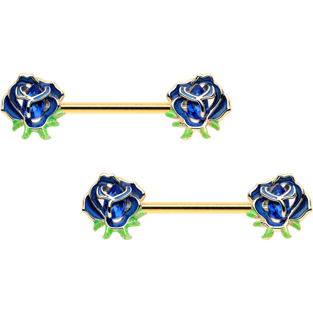 BodyCandy 14G 9/16 Blue Gem Gold Hue Deep Blue Flower Barbell Nipple Ring Set — main product shot