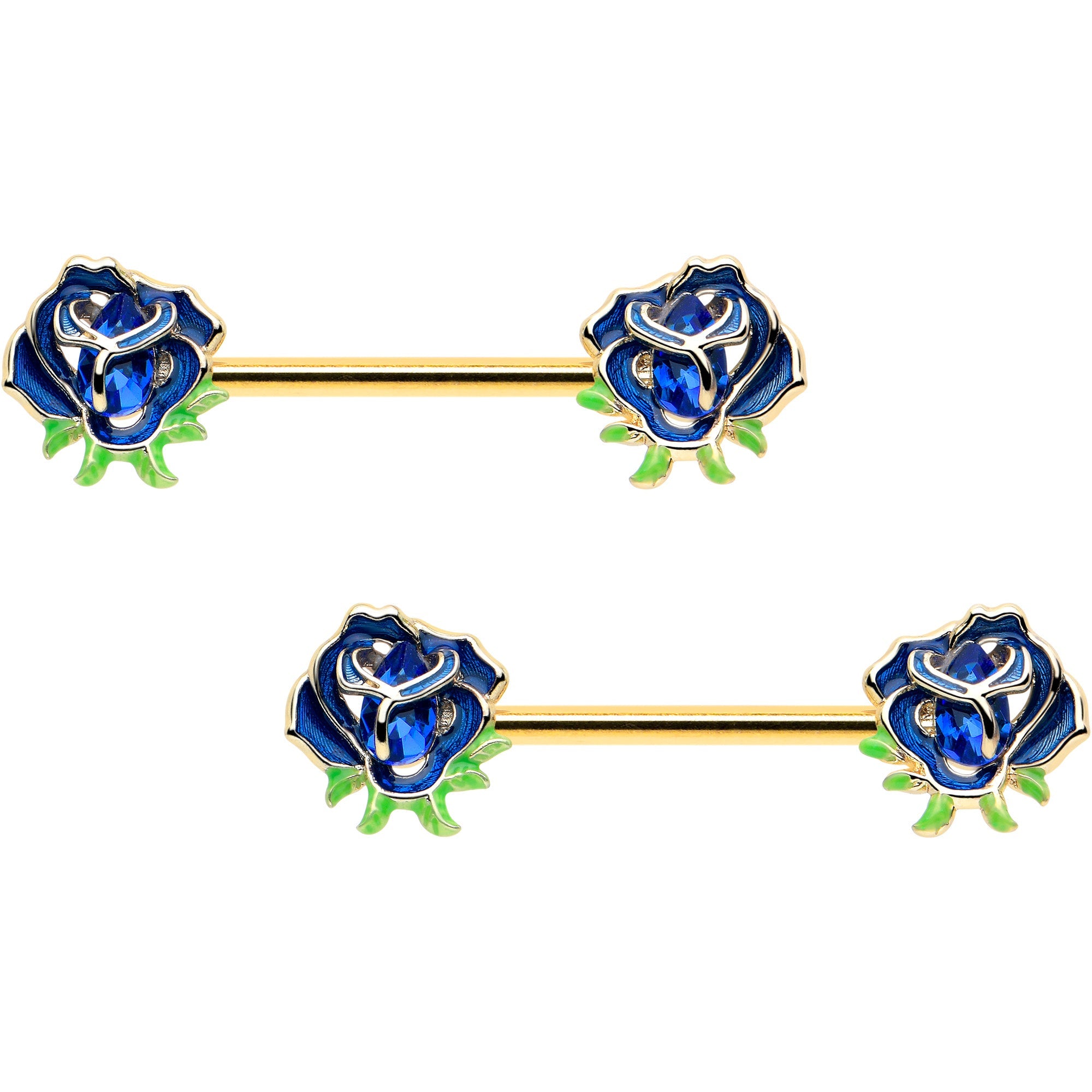 BodyCandy 14G 9/16 Blue Gem Gold Hue Deep Blue Flower Barbell Nipple Ring Set — main product shot