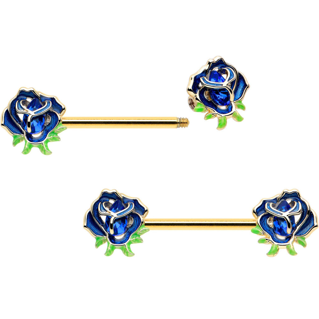 BodyCandy 14G 9/16 Blue Gem Gold Hue Deep Blue Flower Barbell Nipple Ring Set — detail close-up