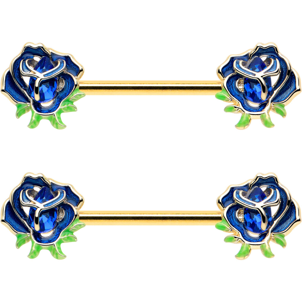 BodyCandy 14G 9/16 Blue Gem Gold Hue Deep Blue Flower Barbell Nipple Ring Set — lifestyle context