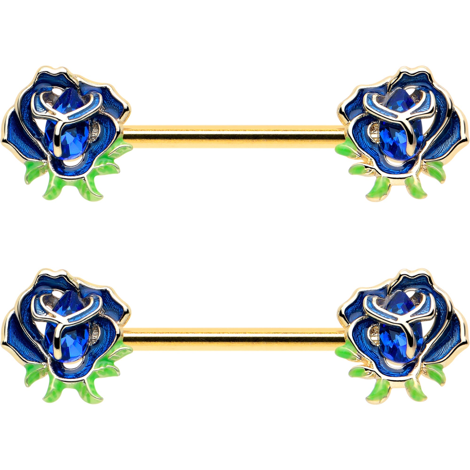 BodyCandy 14G 9/16 Blue Gem Gold Hue Deep Blue Flower Barbell Nipple Ring Set — lifestyle context