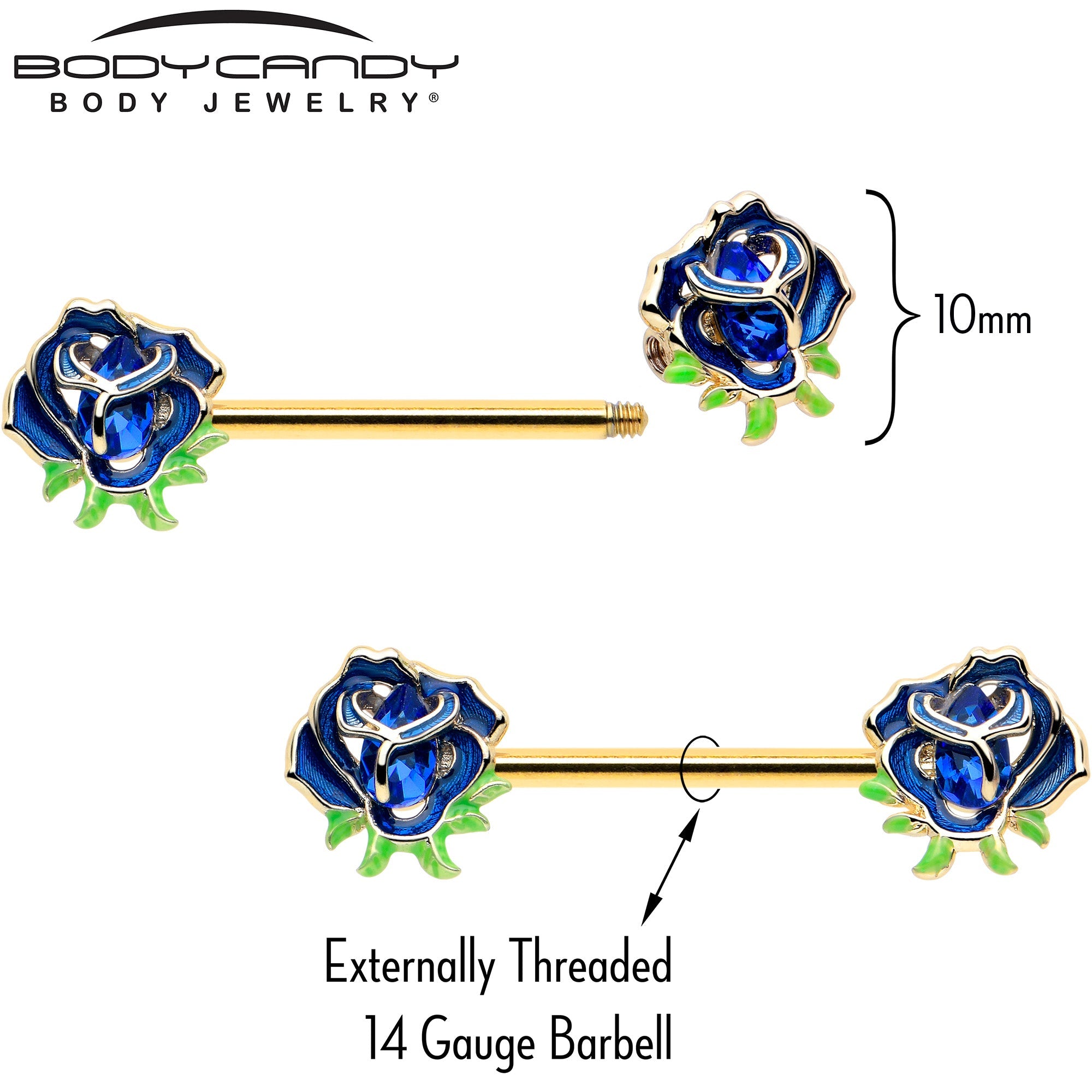 BodyCandy 14G 9/16 Blue Gem Gold Hue Deep Blue Flower Barbell Nipple Ring Set — side view