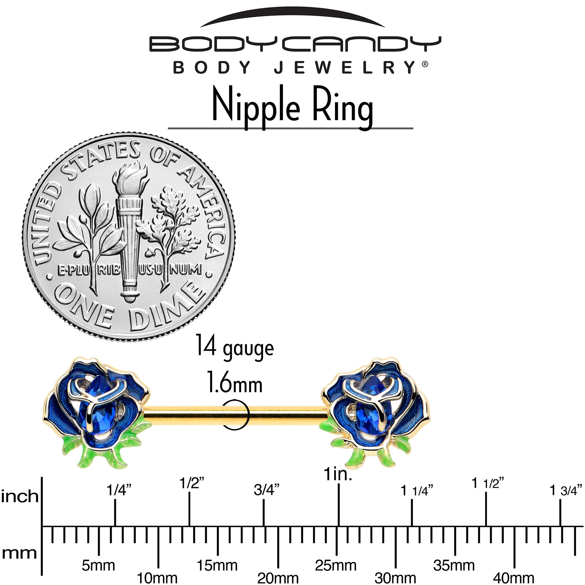 BodyCandy 14G 9/16 Blue Gem Gold Hue Deep Blue Flower Barbell Nipple Ring Set — back view