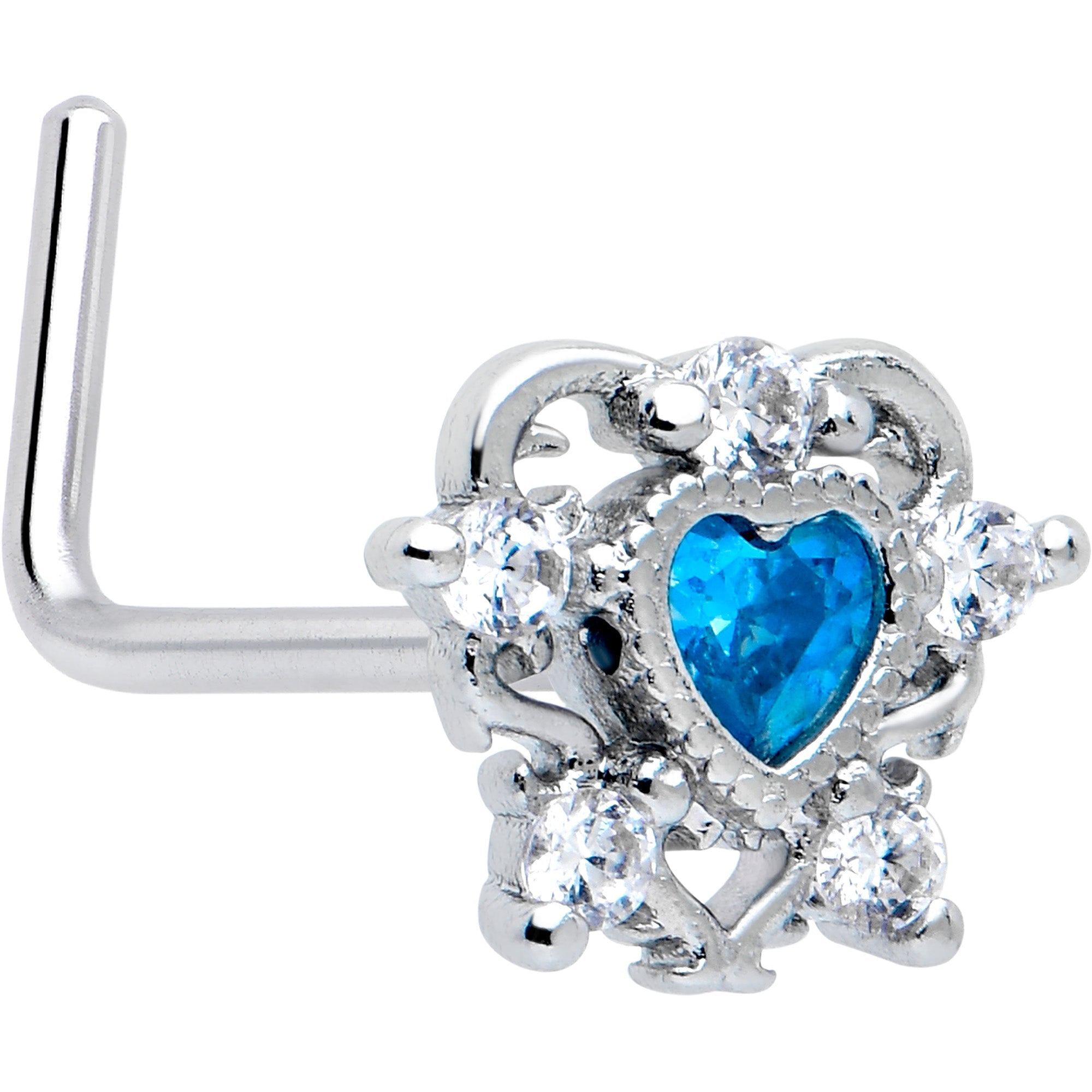 BodyCandy 20G 7mm Blue Clear CZ Gem Heart Pair L Shape Nose Ring — main product shot