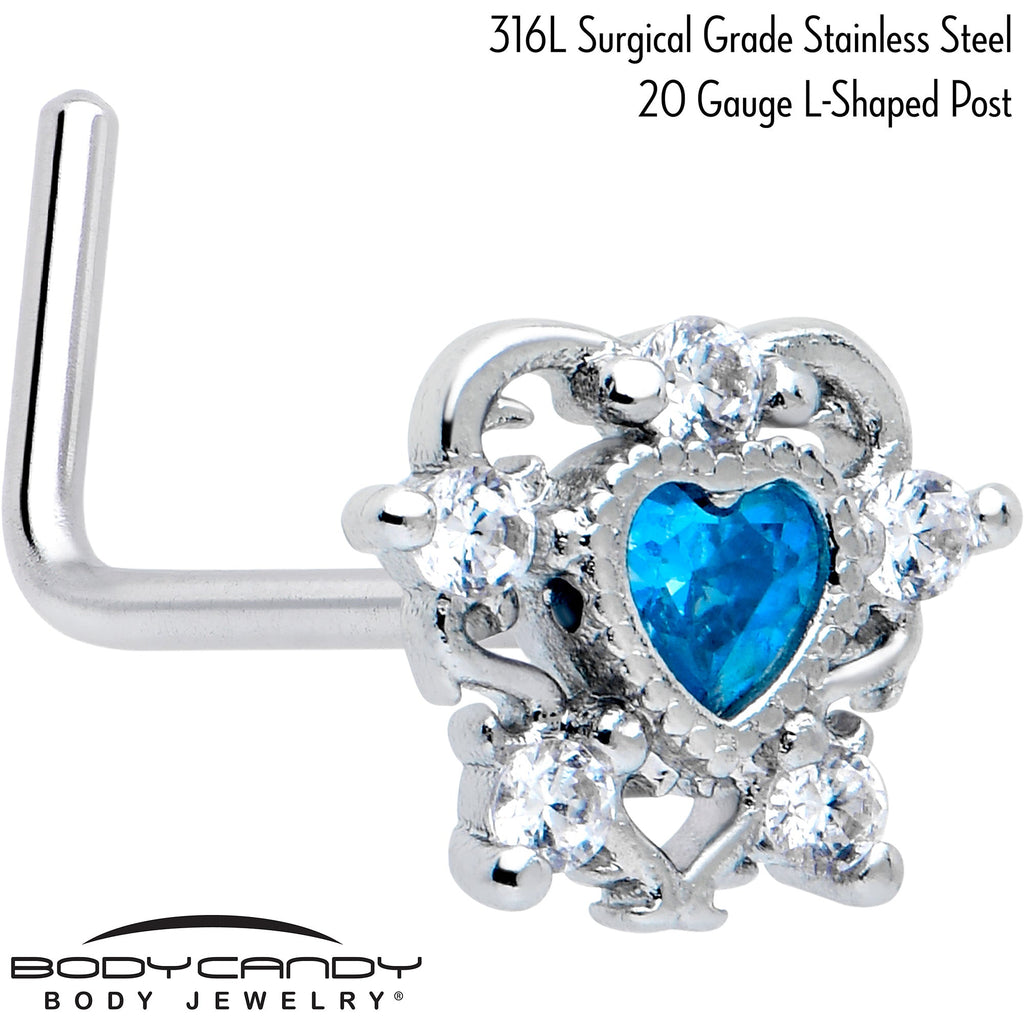 BodyCandy 20G 7mm Blue Clear CZ Gem Heart Pair L Shape Nose Ring — detail close-up