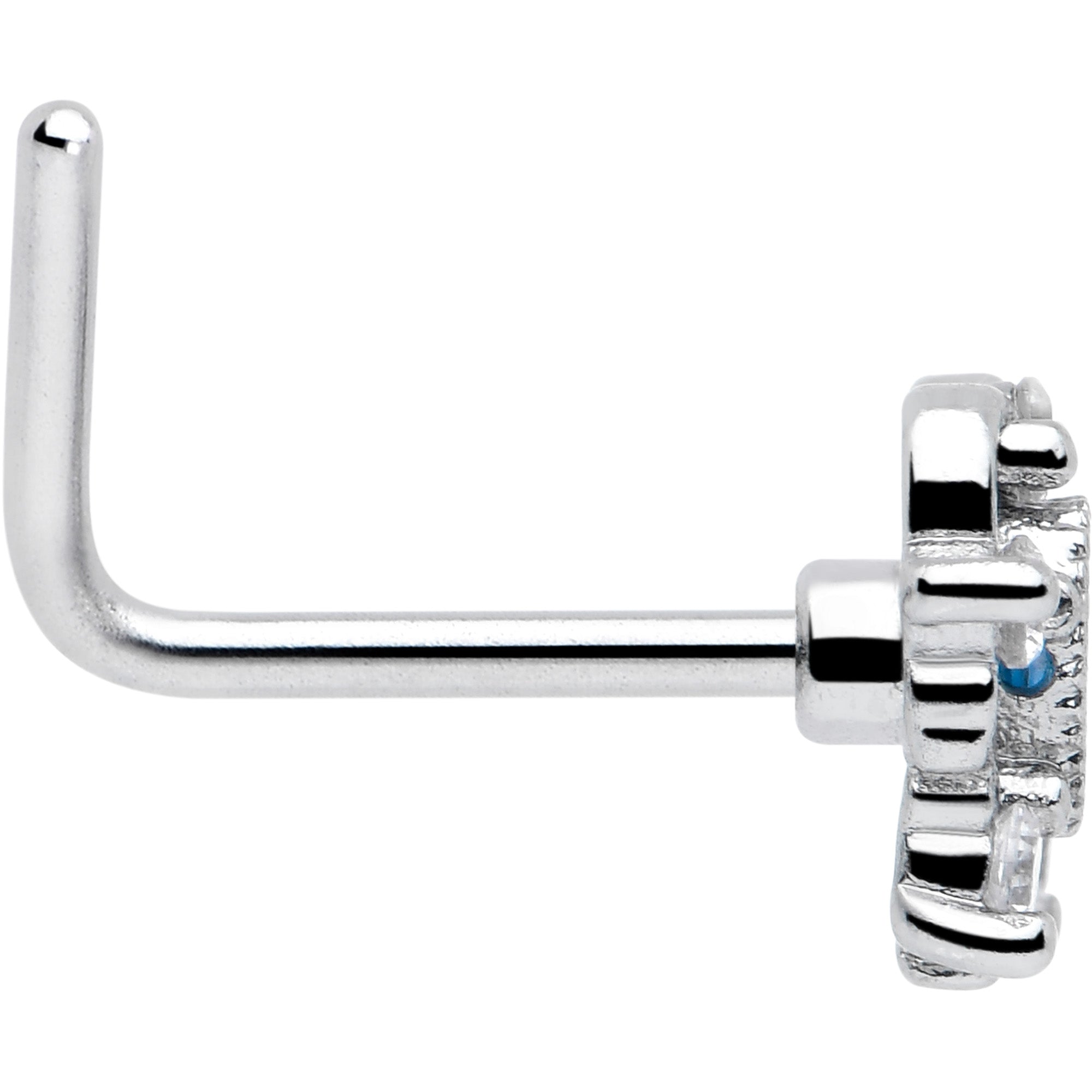 BodyCandy 20G 7mm Blue Clear CZ Gem Heart Pair L Shape Nose Ring — side view