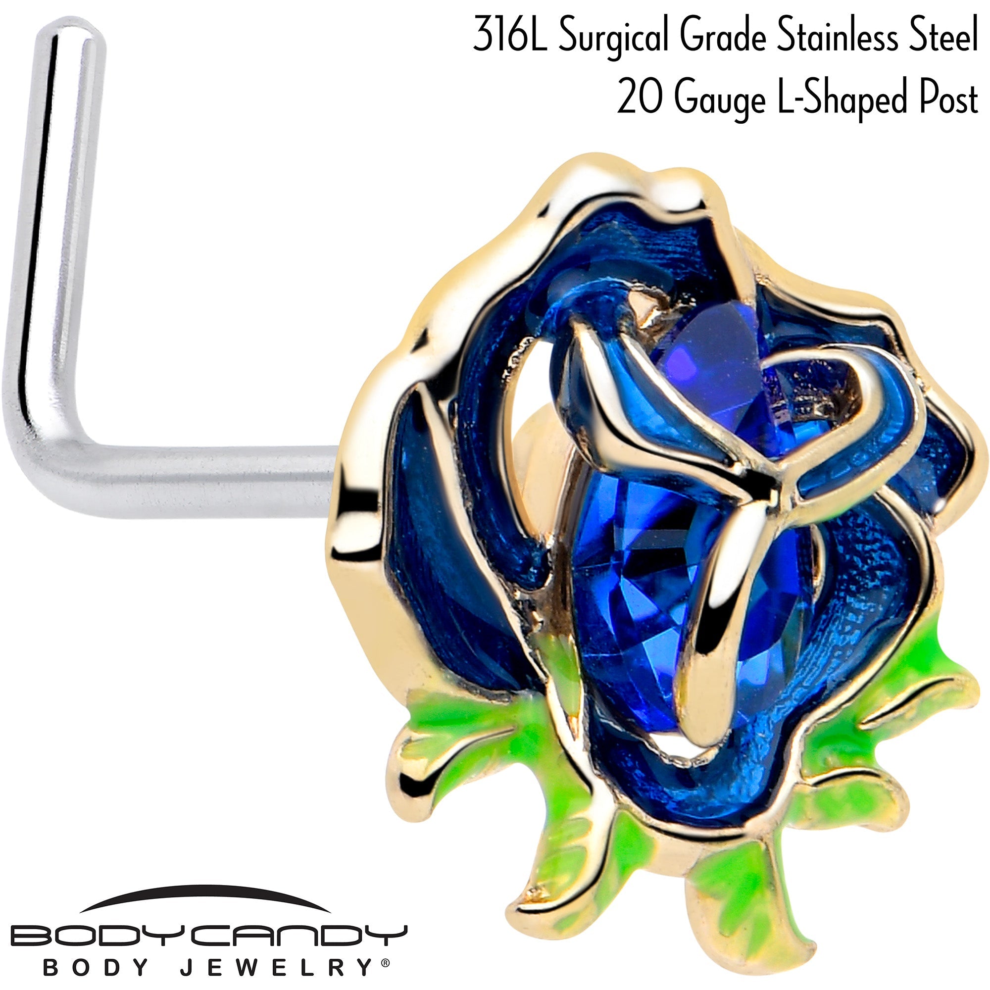 BodyCandy 20G 7mm Deep Blue Flower L Shape Nose Ring — detail close-up