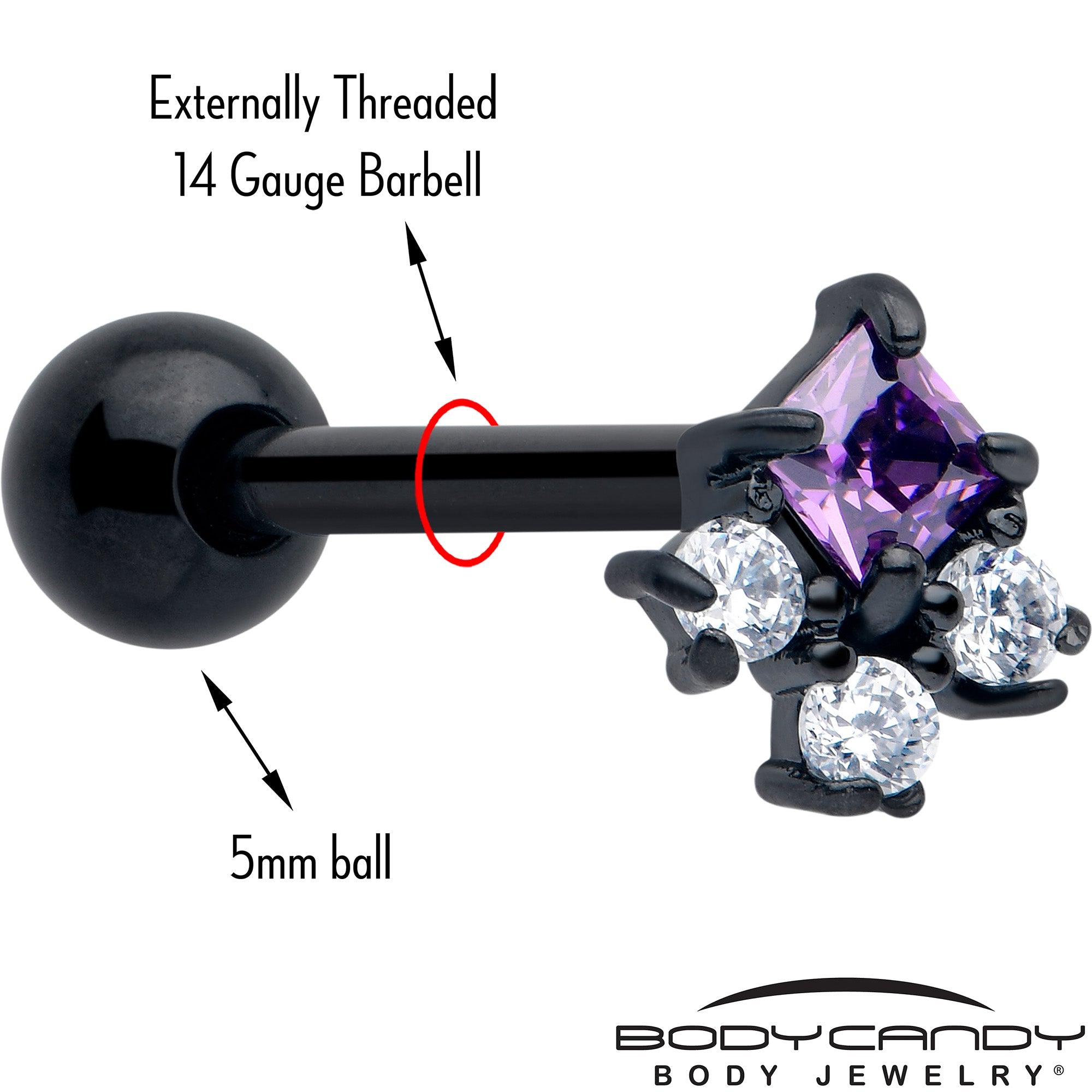 BodyCandy Purple CZ Gem Black Rhombus Riot Barbell Tongue Ring — detail close-up