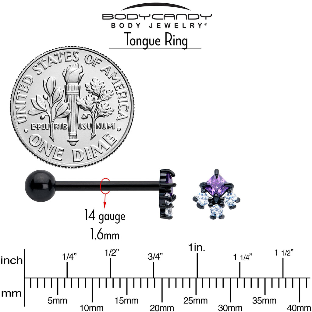 BodyCandy Purple CZ Gem Black Rhombus Riot Barbell Tongue Ring — back view