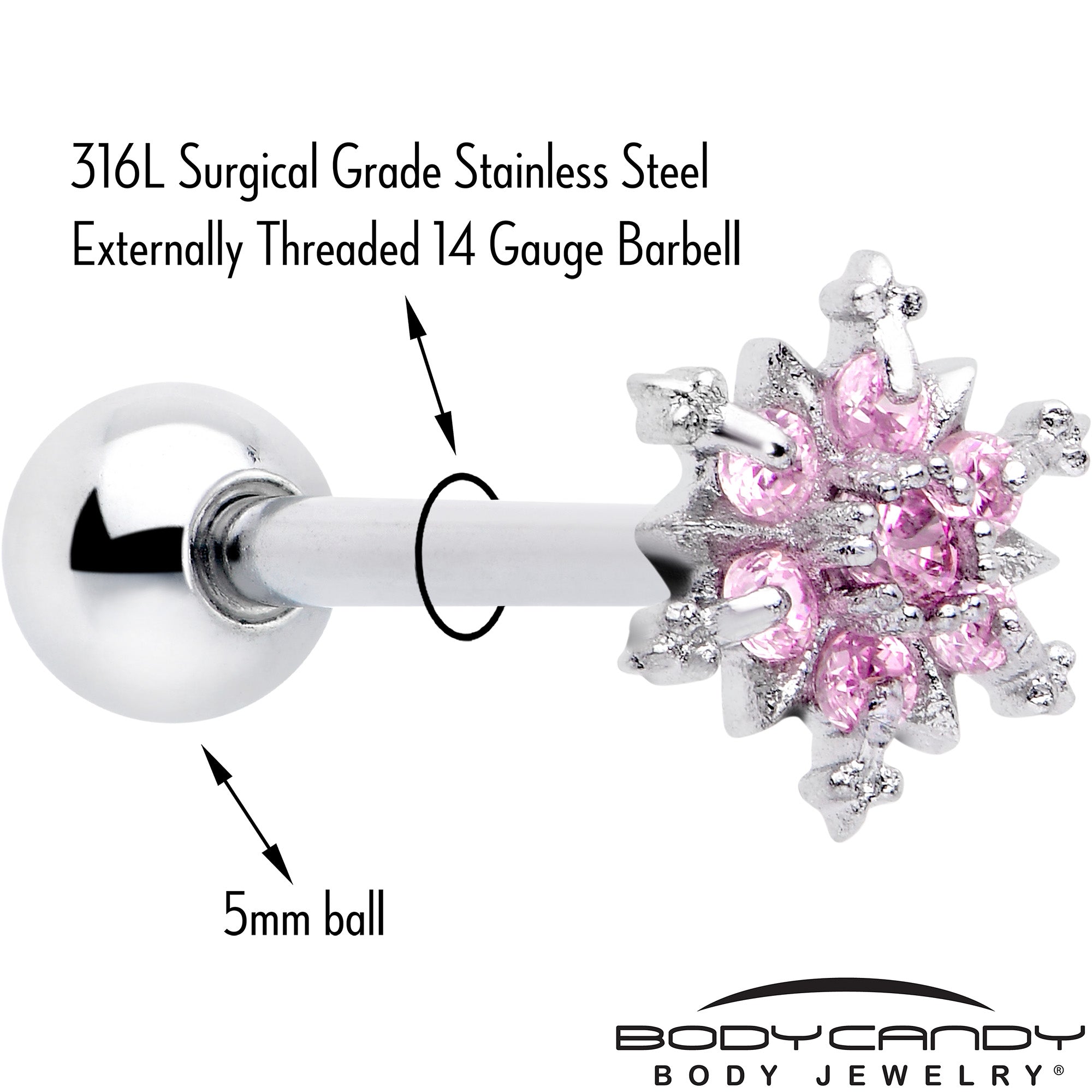 BodyCandy Pink CZ Gem Snowflake Glam Barbell Tongue Ring — detail close-up