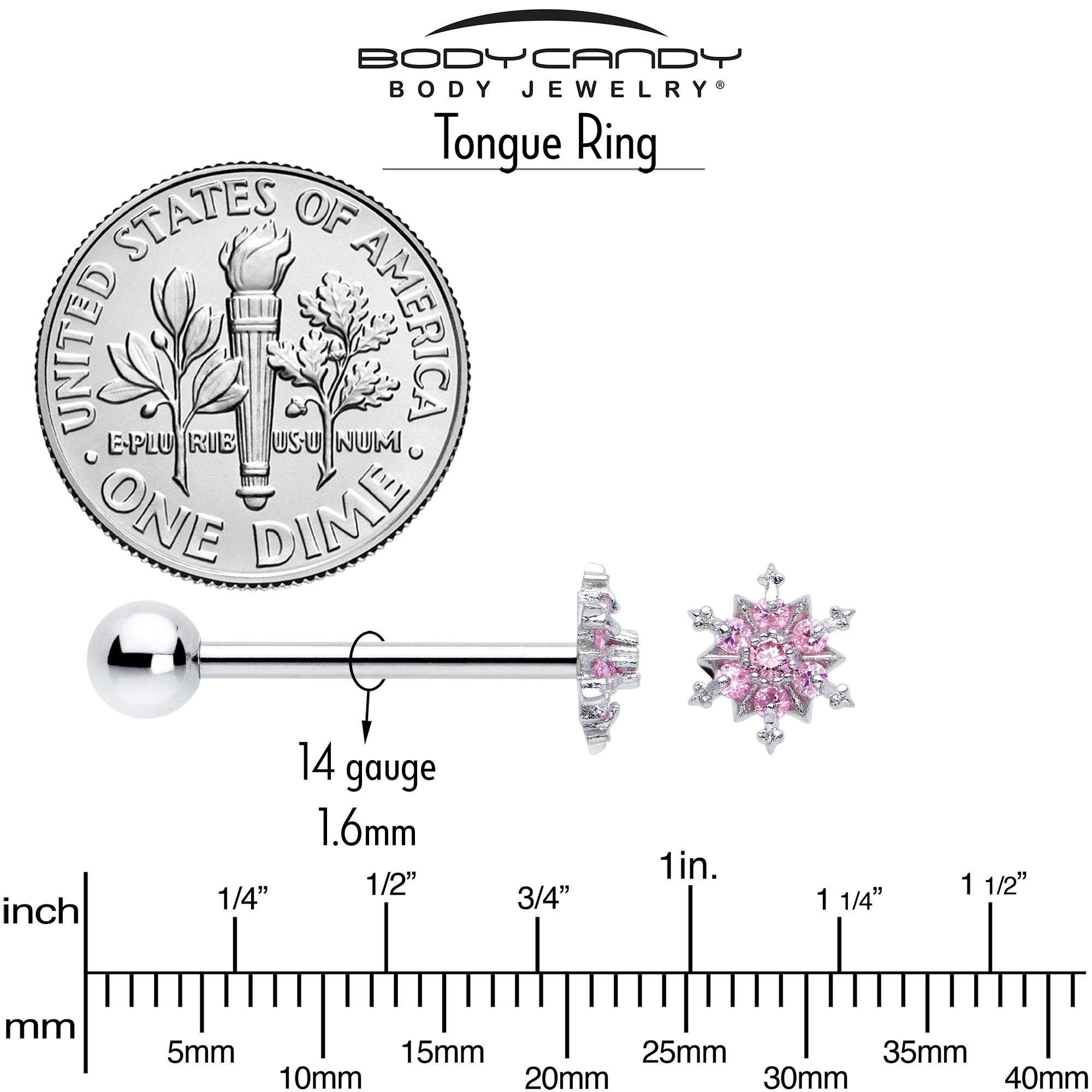 BodyCandy Pink CZ Gem Snowflake Glam Barbell Tongue Ring — back view