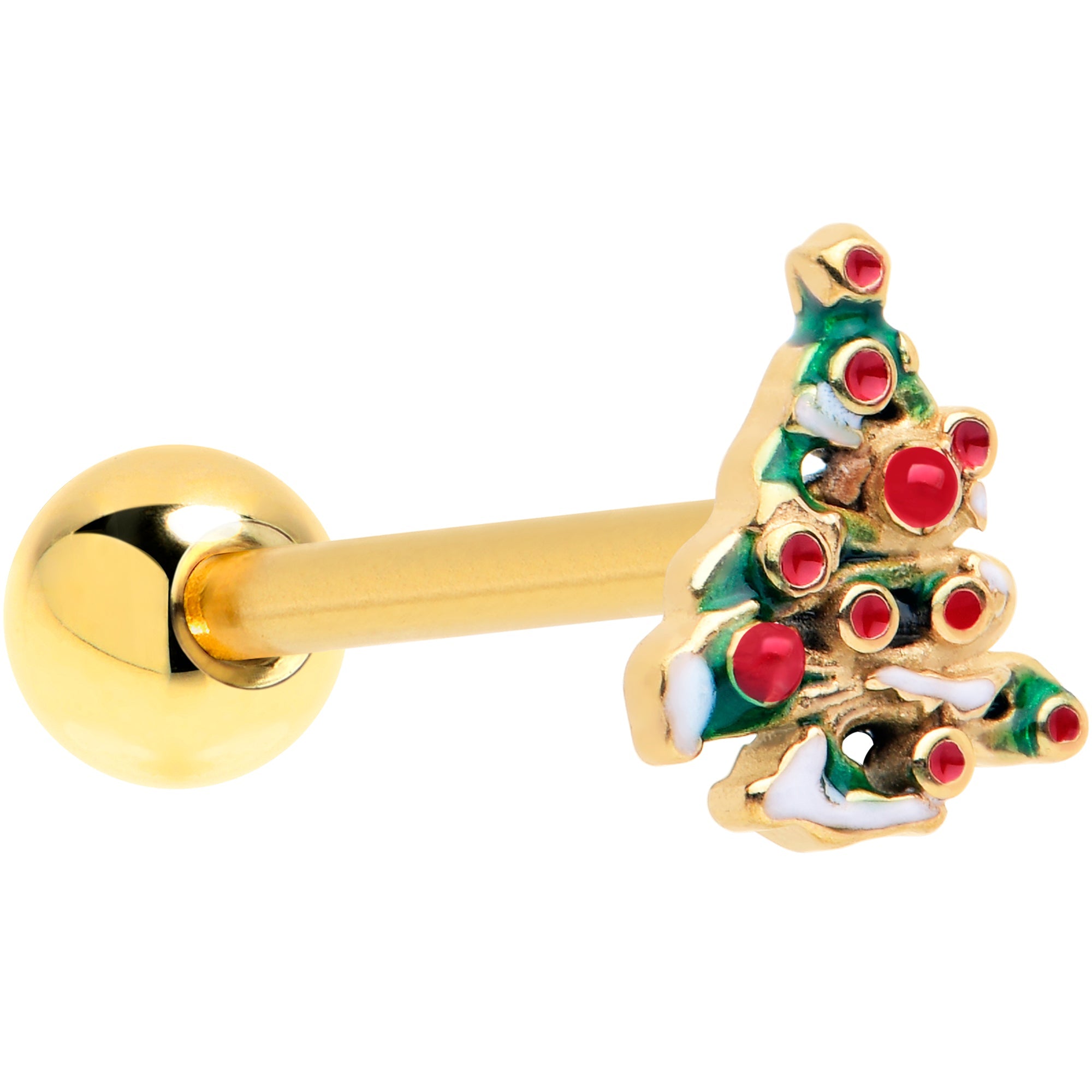 BodyCandy Gold Tone Snowy Christmas Tree Holiday Barbell Tongue Ring — main product shot
