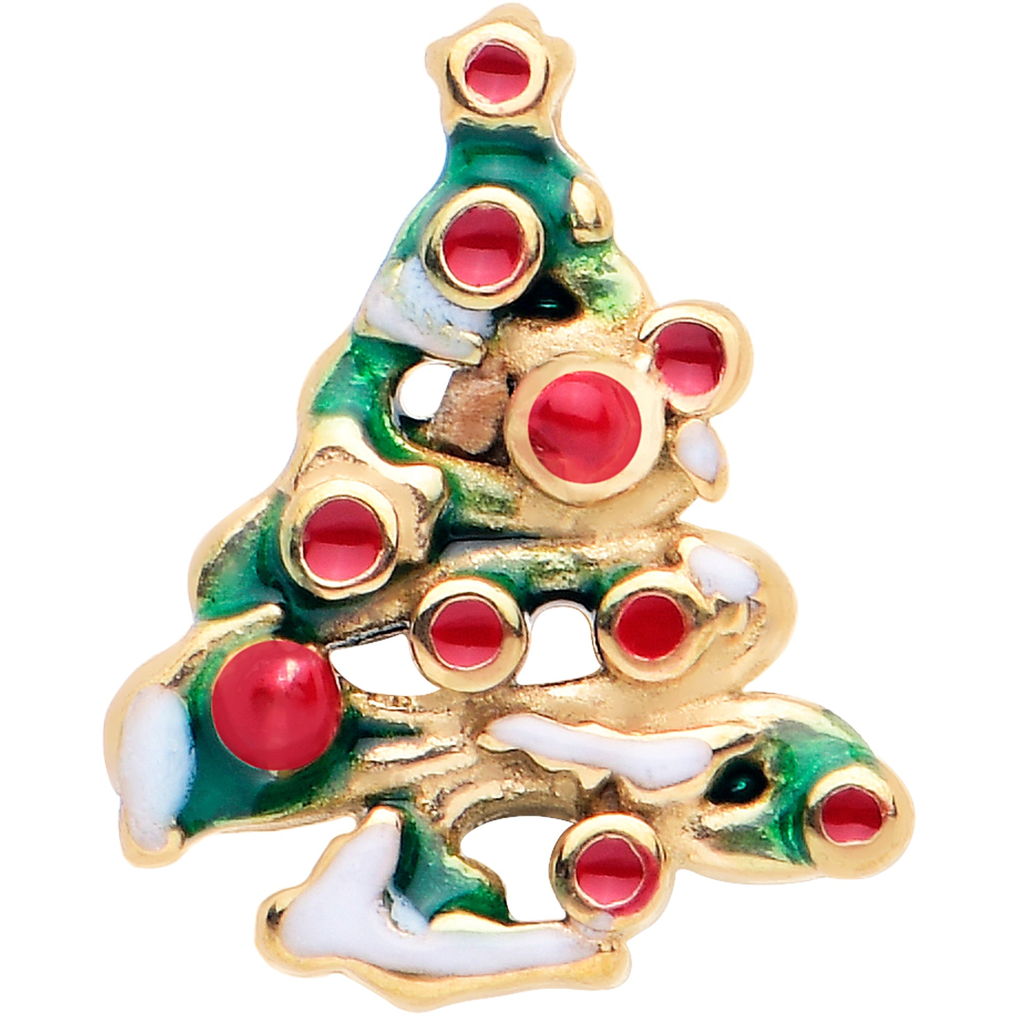 BodyCandy Gold Tone Snowy Christmas Tree Holiday Barbell Tongue Ring — detail close-up