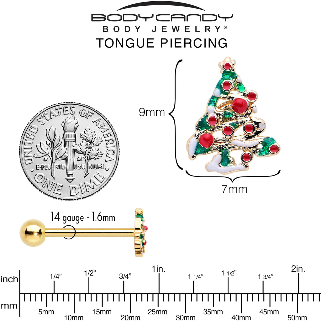 BodyCandy Gold Tone Snowy Christmas Tree Holiday Barbell Tongue Ring — side view