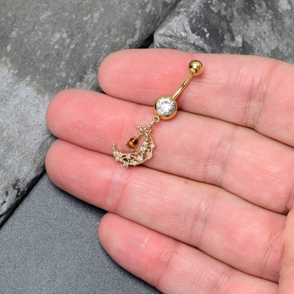 BodyCandy Clear Brown Gem Gold Tone Constellation Moon Dangle Belly Ring — detail close-up