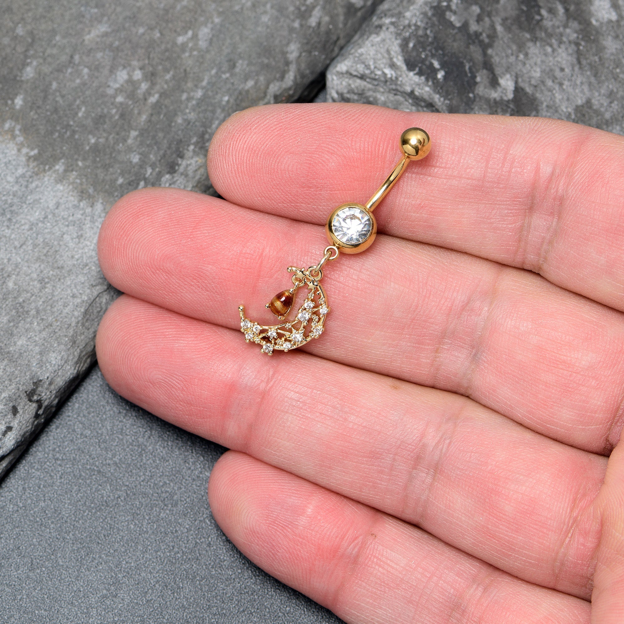 BodyCandy Clear Brown Gem Gold Tone Constellation Moon Dangle Belly Ring — detail close-up