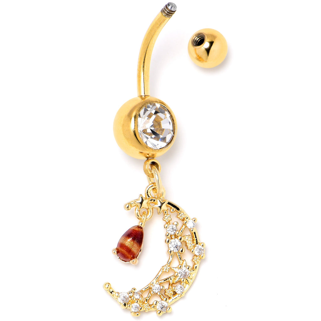 BodyCandy Clear Brown Gem Gold Tone Constellation Moon Dangle Belly Ring — side view