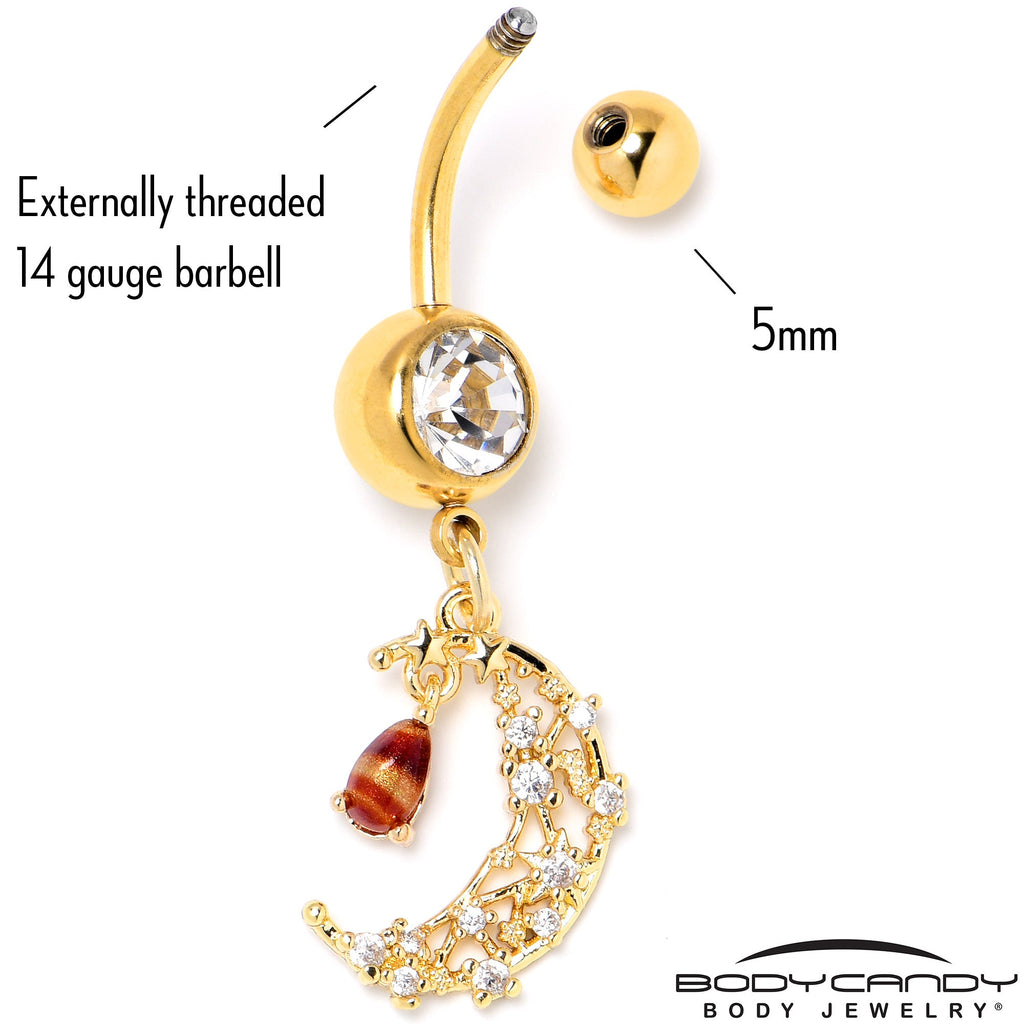BodyCandy Clear Brown Gem Gold Tone Constellation Moon Dangle Belly Ring — back view