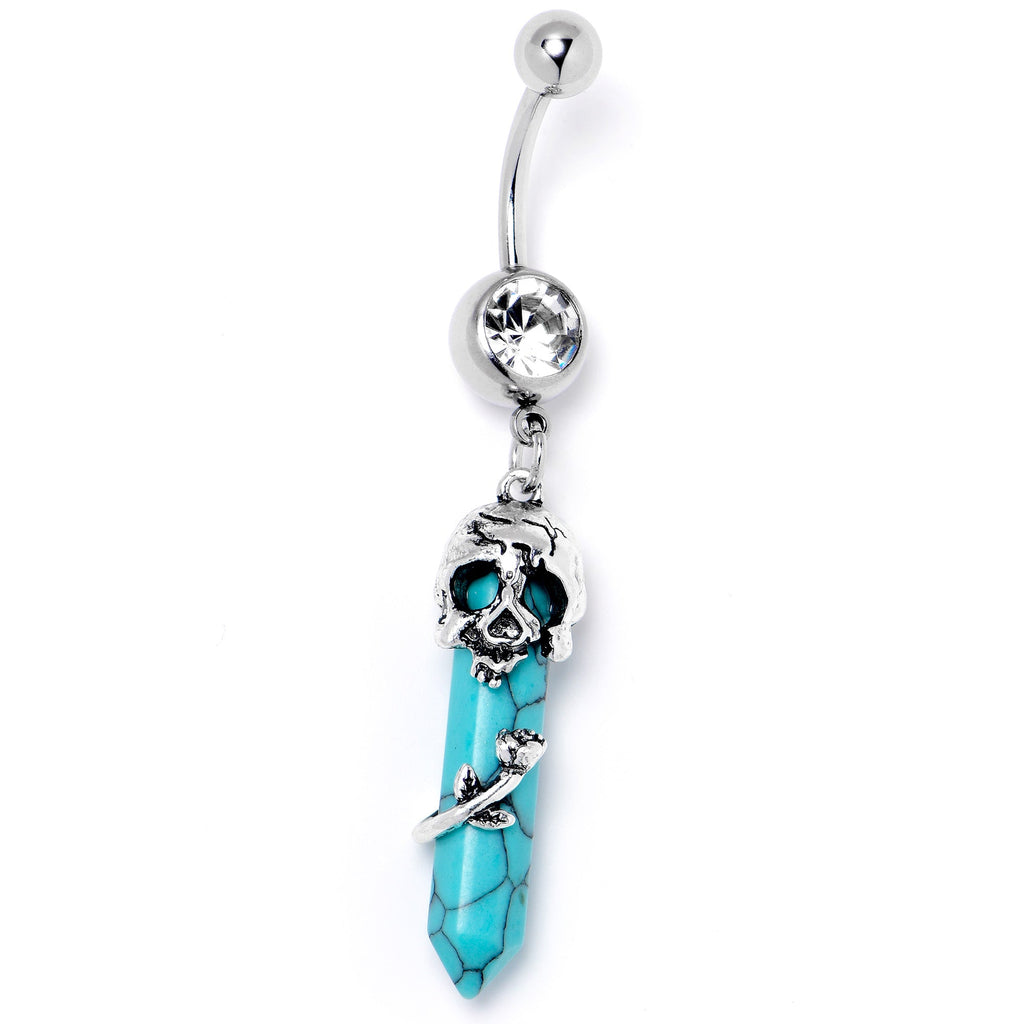 BodyCandy Blue Turquoise Skull Obelisk Rose Dangle Belly Ring — lifestyle context