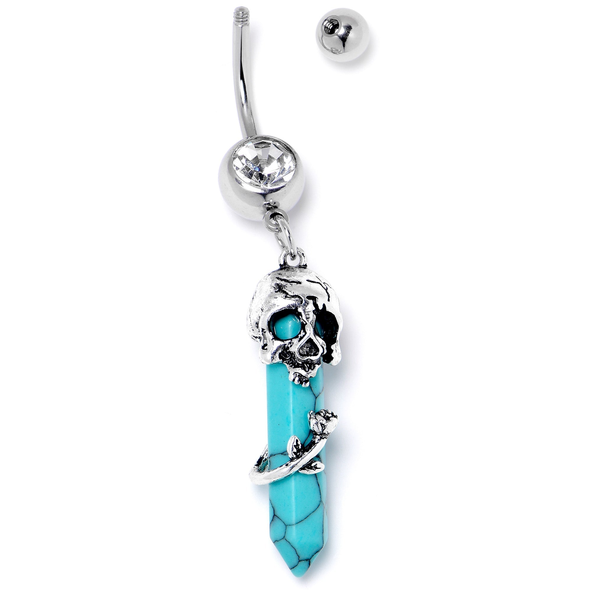 BodyCandy Blue Turquoise Skull Obelisk Rose Dangle Belly Ring — side view
