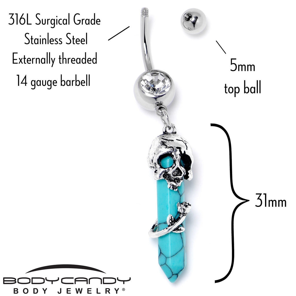 BodyCandy Blue Turquoise Skull Obelisk Rose Dangle Belly Ring — back view