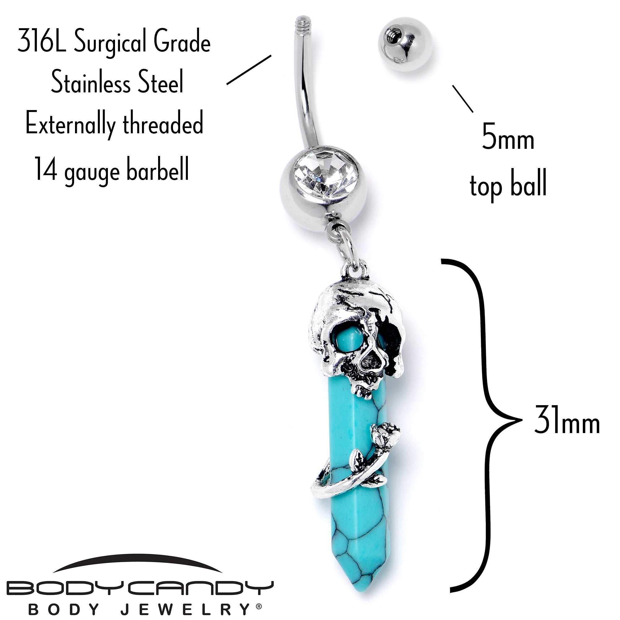 BodyCandy Blue Turquoise Skull Obelisk Rose Dangle Belly Ring — back view