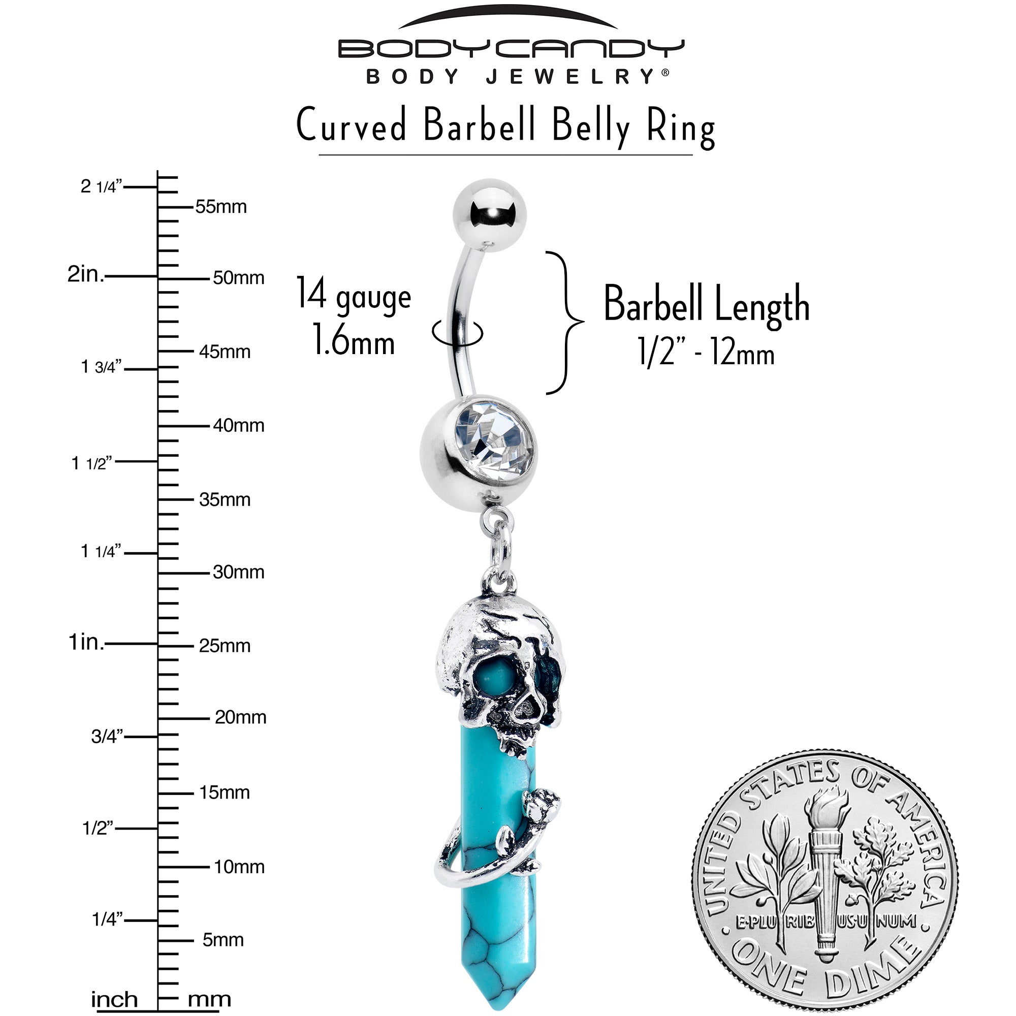 BodyCandy Blue Turquoise Skull Obelisk Rose Dangle Belly Ring — alternative angle