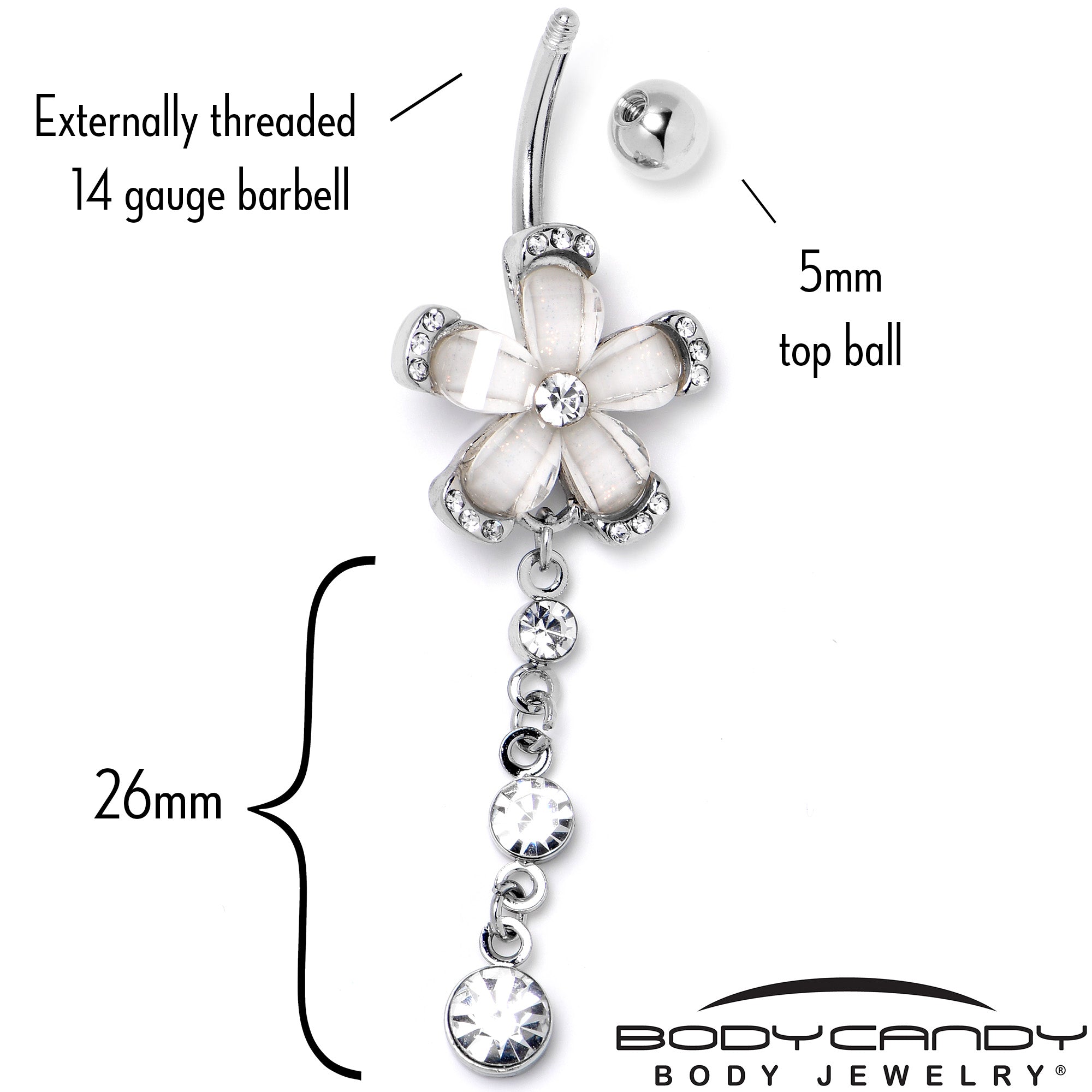 BodyCandy Clear Gem Retro Flower Glamour Dangle Belly Ring — back view