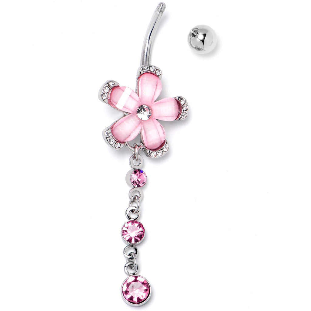 BodyCandy Pink Clear Gem Retro Flower Glamour Dangle Belly Ring — side view