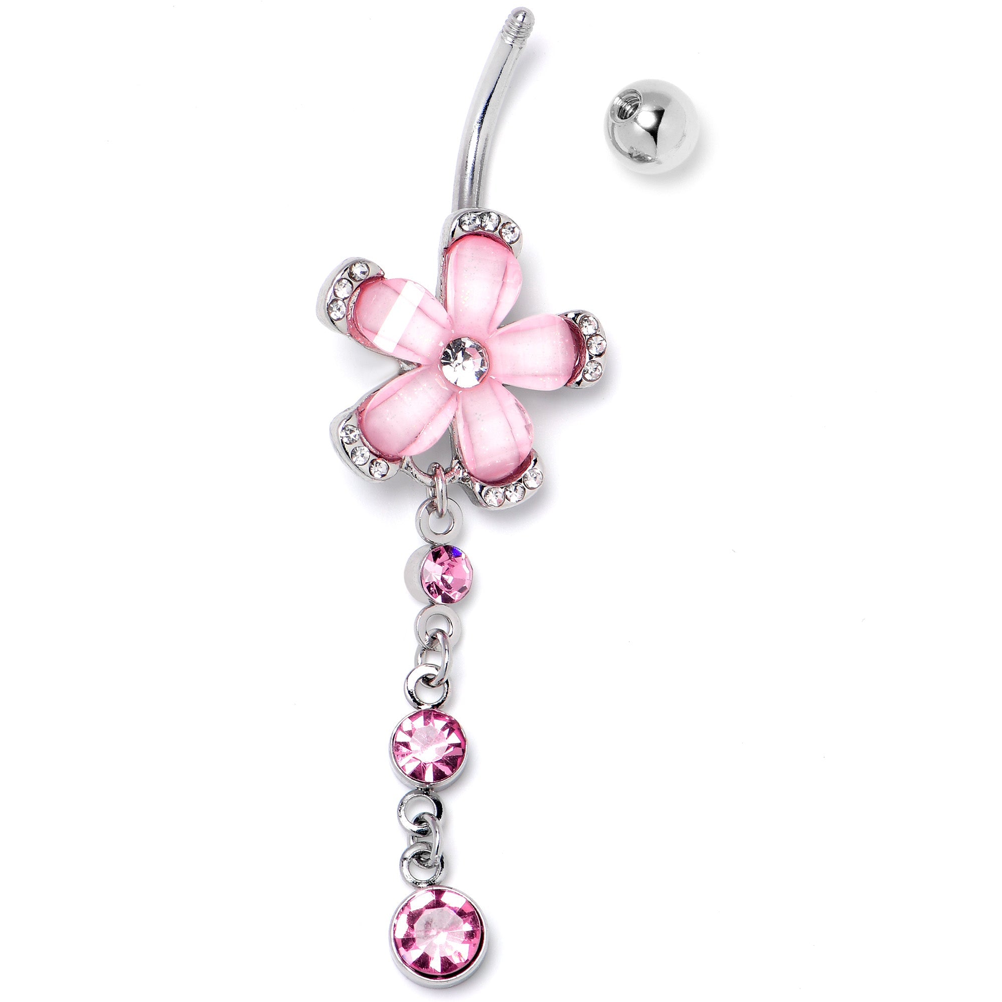 BodyCandy Pink Clear Gem Retro Flower Glamour Dangle Belly Ring — side view