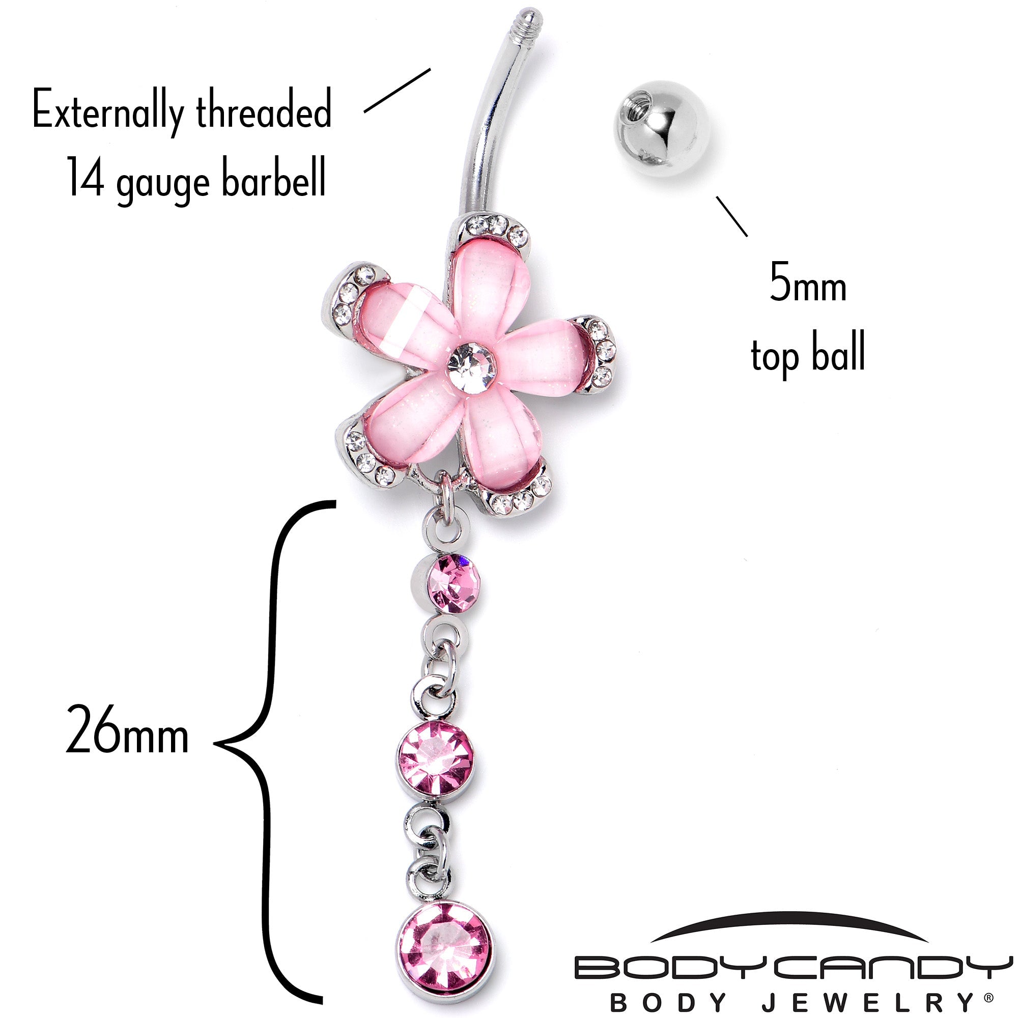 BodyCandy Pink Clear Gem Retro Flower Glamour Dangle Belly Ring — back view