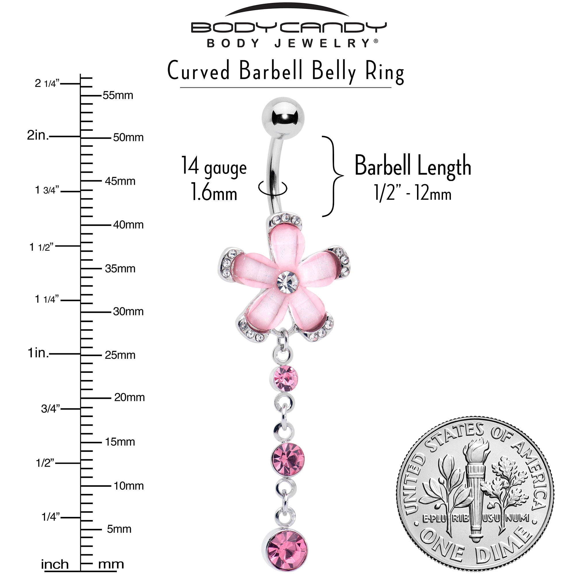 BodyCandy Pink Clear Gem Retro Flower Glamour Dangle Belly Ring — alternative angle