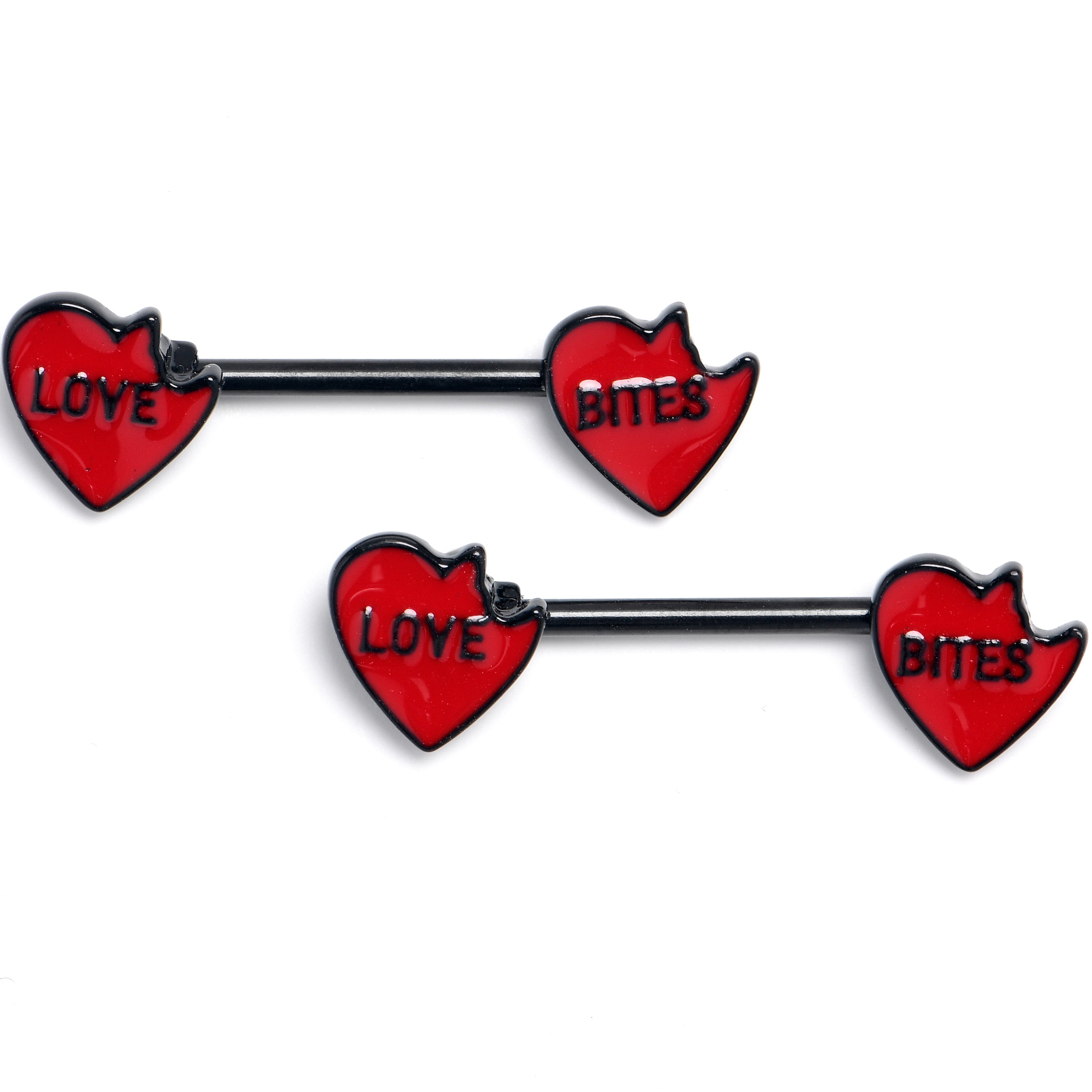 BodyCandy 14G 9/16 Black Love Bites Heart Valentine Barbell Nipple Ring Set — main product shot