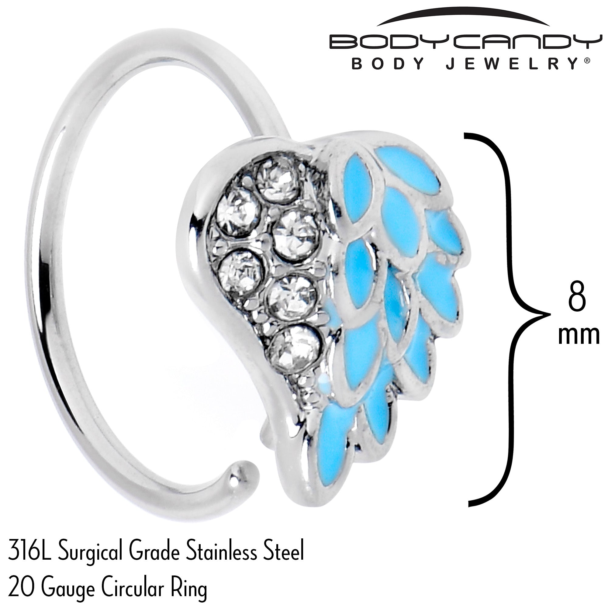 BodyCandy 20G 5/16 Clear Gem Heavenly Heart Angel Wing Blue Nose Hoop — back view