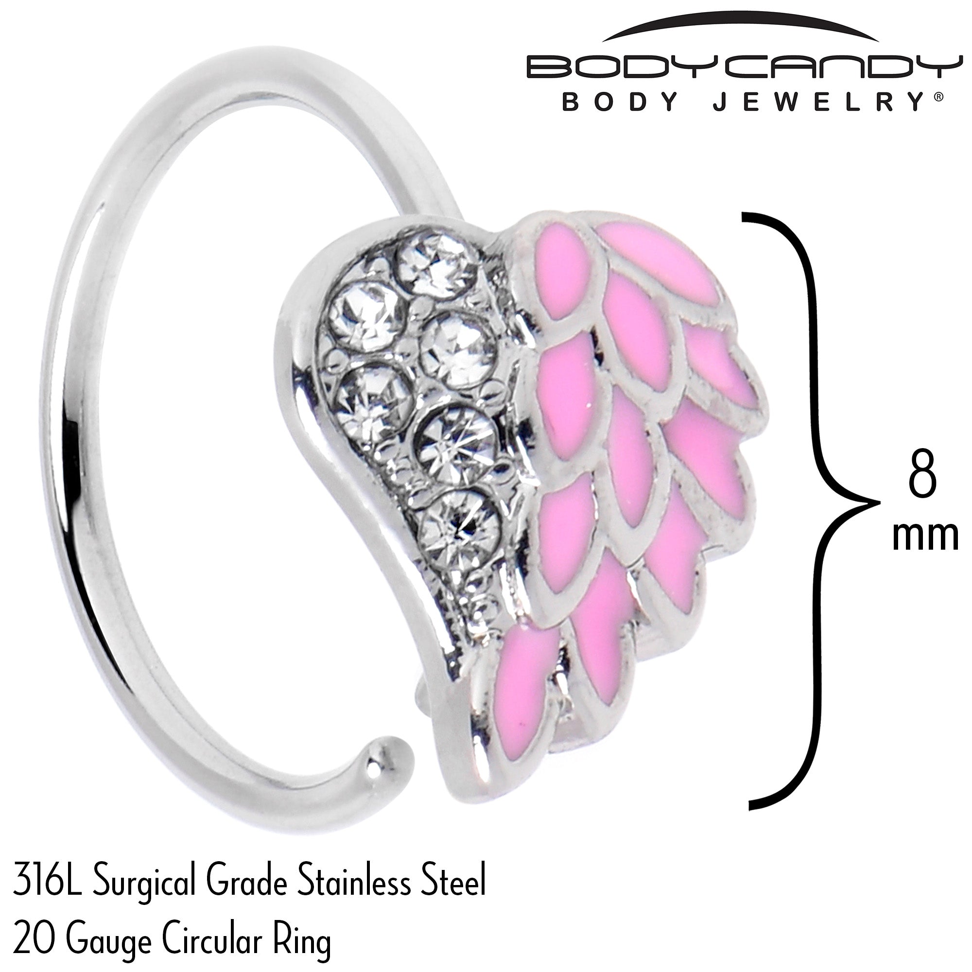 BodyCandy 20G 5/16 Clear Gem Heavenly Heart Angel Wing Pink Nose Hoop — back view