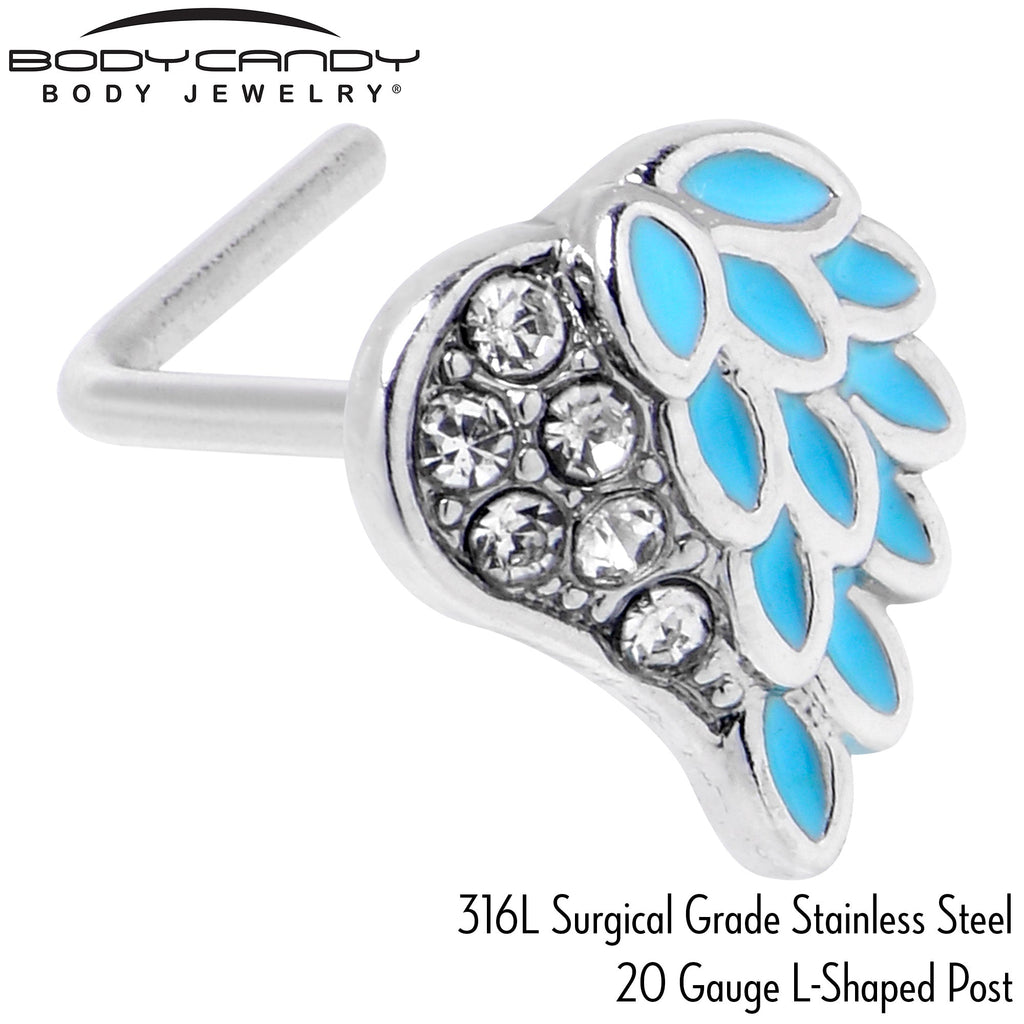BodyCandy 20G 7mm Clear Gem Heavenly Heart Angel Wing Blue L Shape Nose Ring — back view