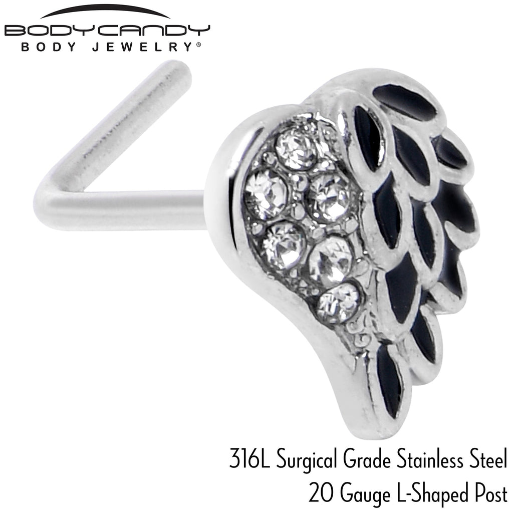 BodyCandy 20G 7mm Clear Gem Heavenly Heart Angel Wing Black L Shape Nose Ring — back view