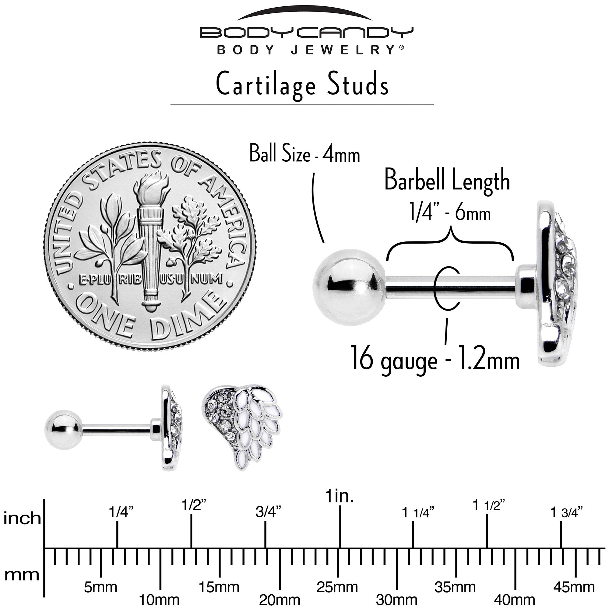 BodyCandy 16G 1/4 Clear Gem Heavenly Heart Angel Wing White Cartilage Stud — in-use photo
