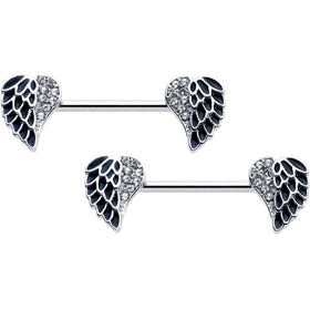 14G 9/16 Clear Gem Heavenly Heart Angel Wing Black Nipple Ring Set